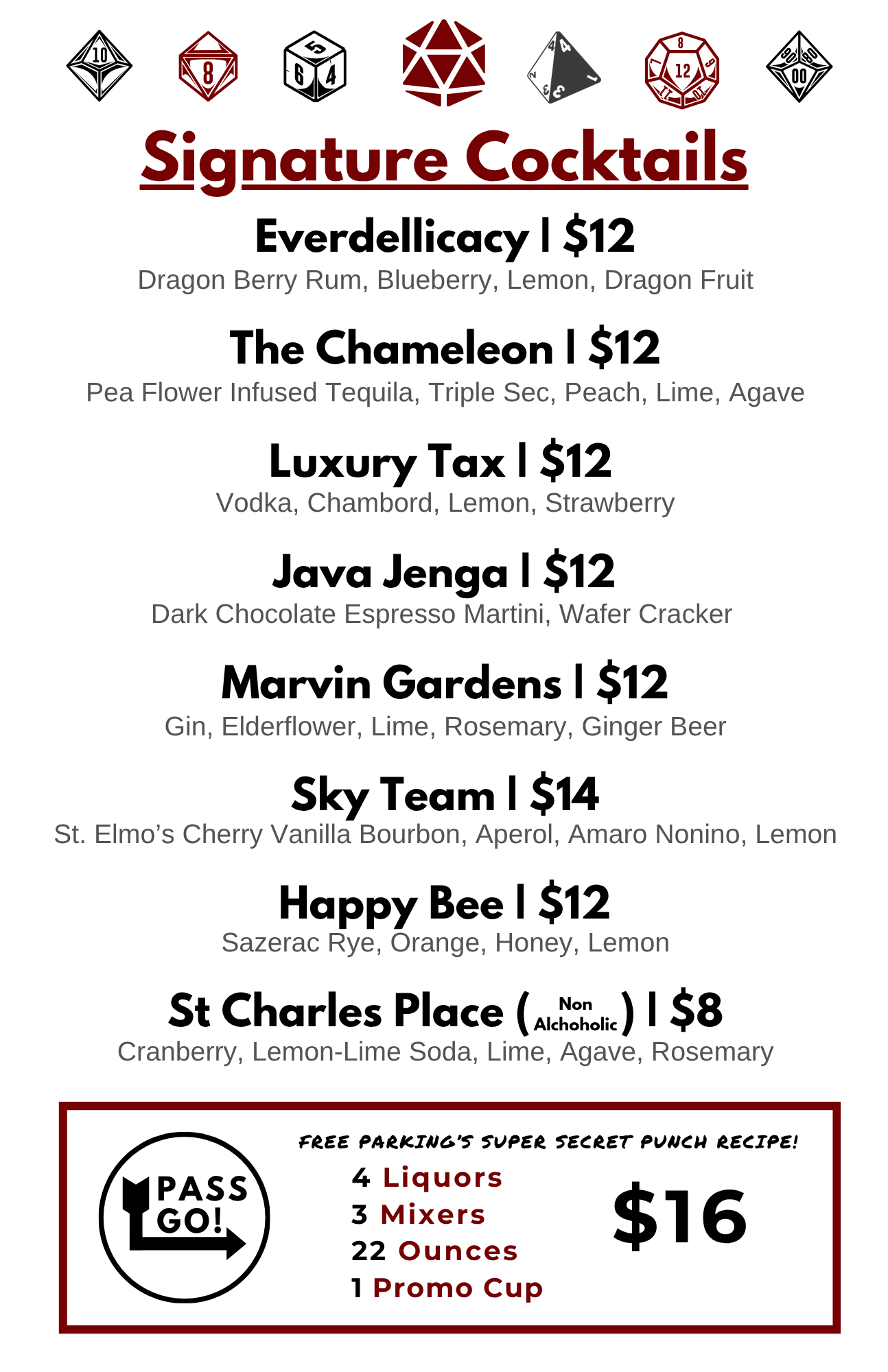 Drink menu featuring signature cocktails called Mr. Green, Luxury Tax, Mrs. Peacock, Marvin Gardens, Miss Scarlet, St Charles Place, and Dr. Black, each with their ingredients listed and priced at $12 or $8. Also, a group package for 4 liquors, 3 mixers, 22 ounces, and 1 promo cup cost $16, with a decorative border and icons of gaming dice at the top.