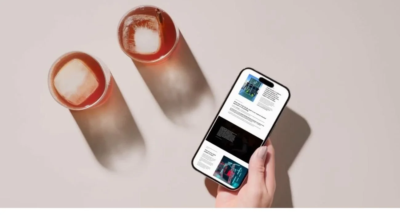 Person holding smartphone with article displayed, two iced drinks with ice cubes on a light surface, casting shadows.