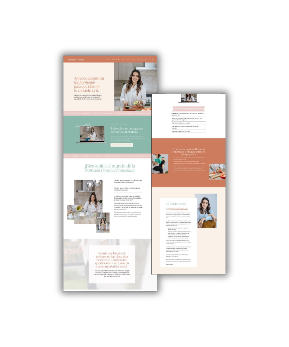 Collage of website pages about female hormonal health, featuring images of women, text in Spanish, and various design elements.