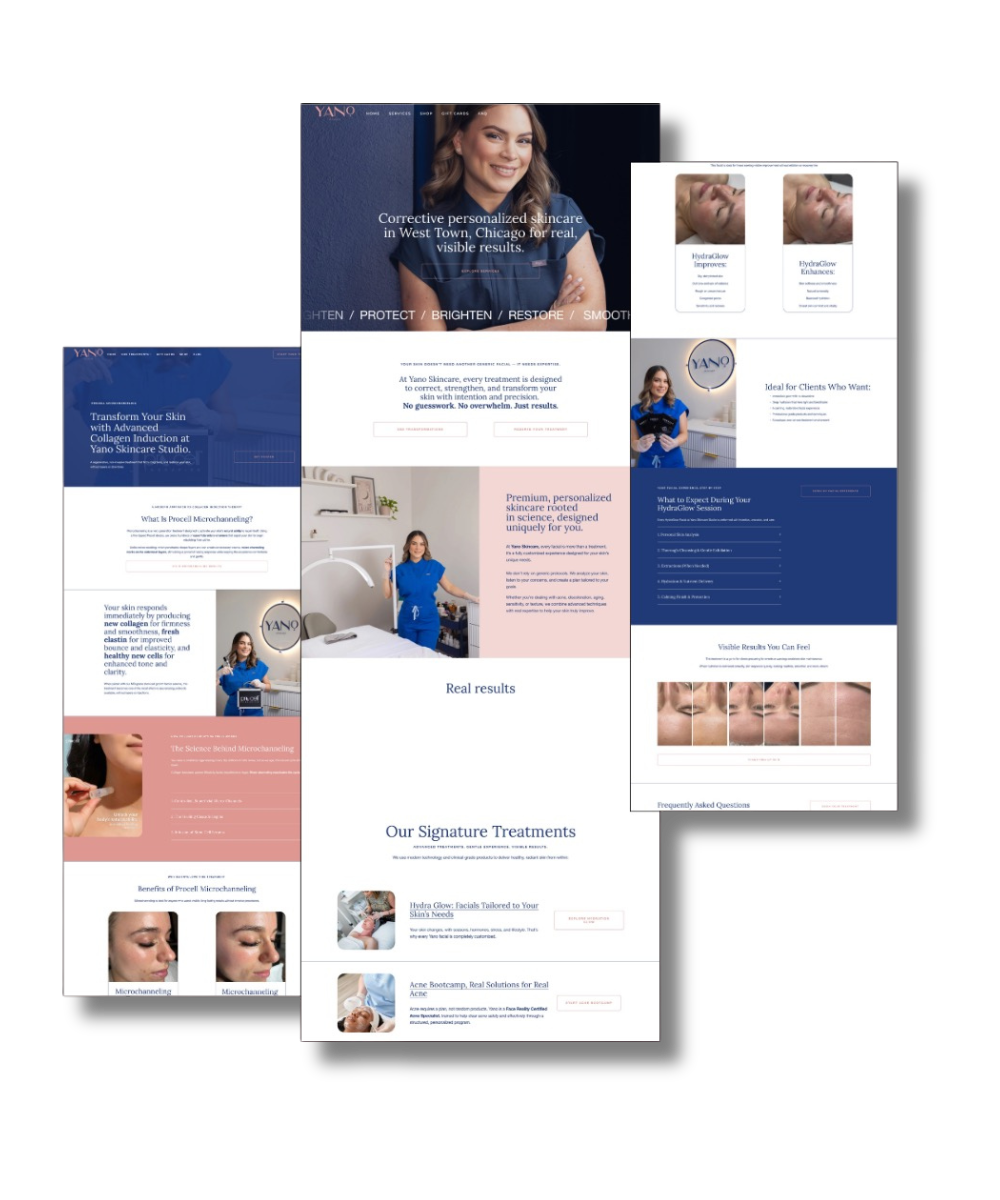  collage of website screenshots for a skincare clinic named Yano, featuring images of a smiling woman, treatments, and skincare procedures.