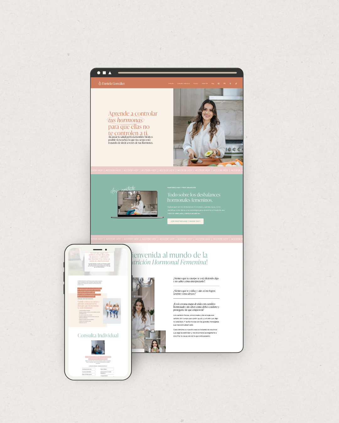 A computer and smartphone showing a website about female hormonal health and balance, with images of a woman in a kitchen, and a group of women, in Spanish.