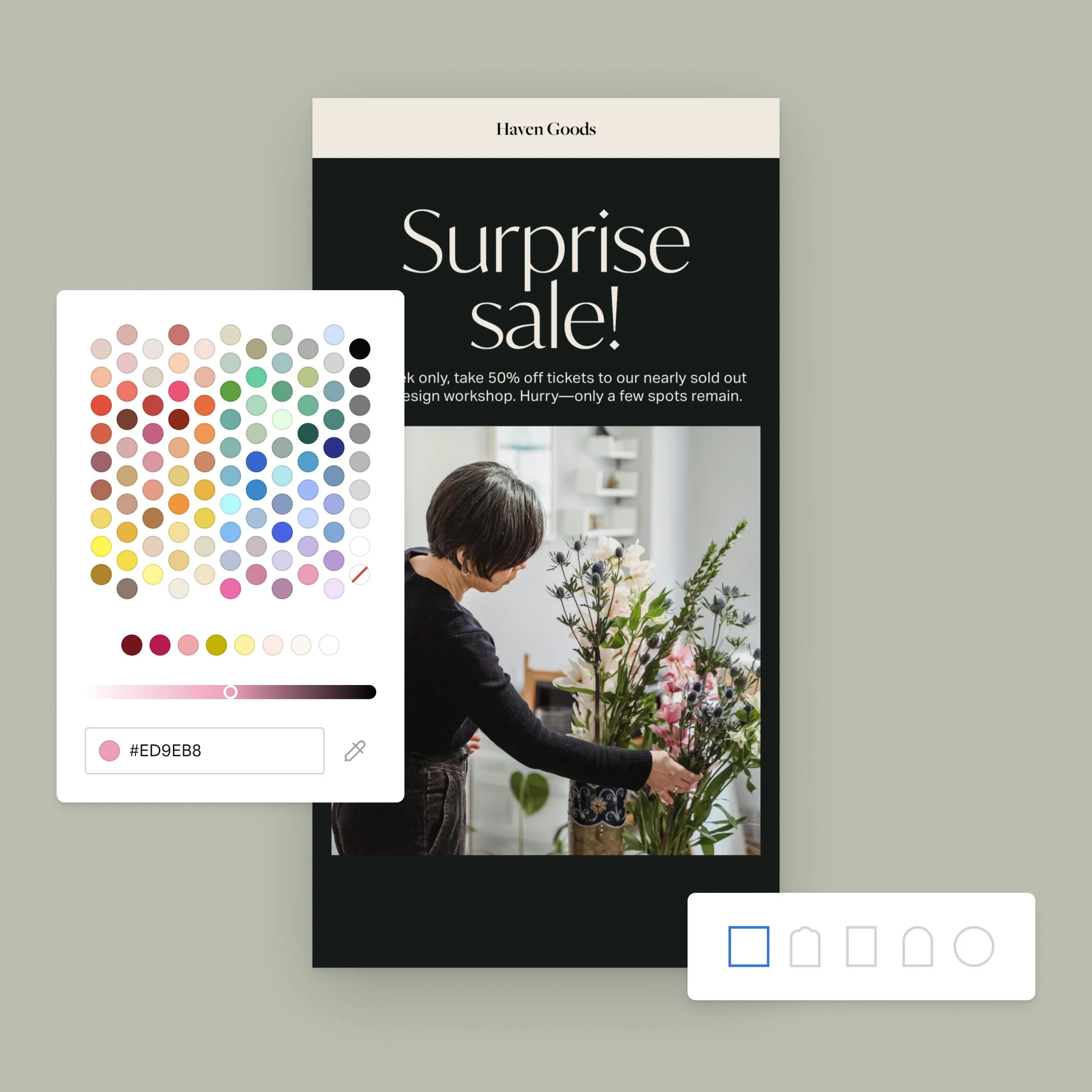 A promotional flyer for a surprise sale at Haven Goods featuring a woman arranging flowers indoors, with a color palette selection overlay.