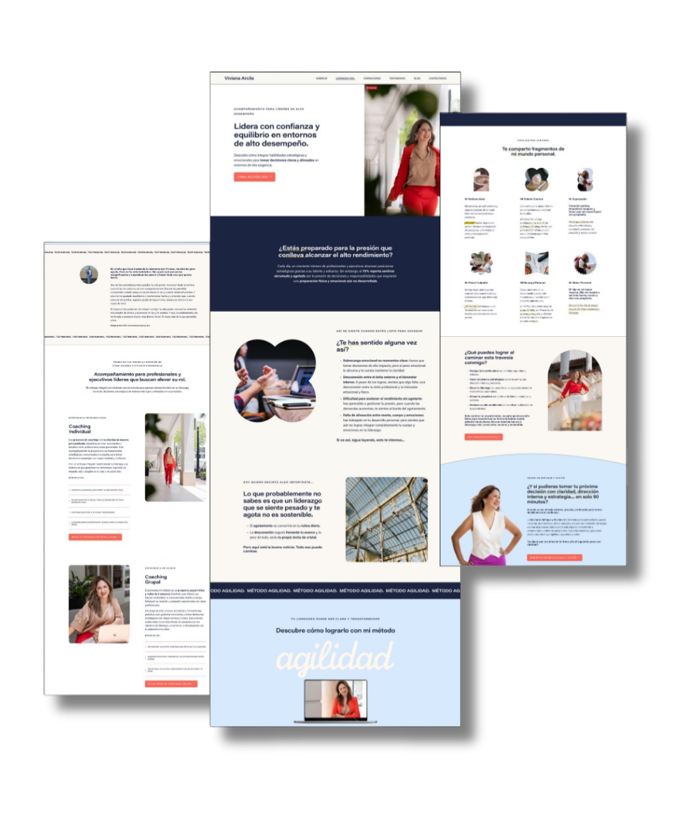 Collage of three different webpage screenshots in Spanish, displaying content about personal coaching, confidence, high performance, and methodology called 'agilidad' or agility.