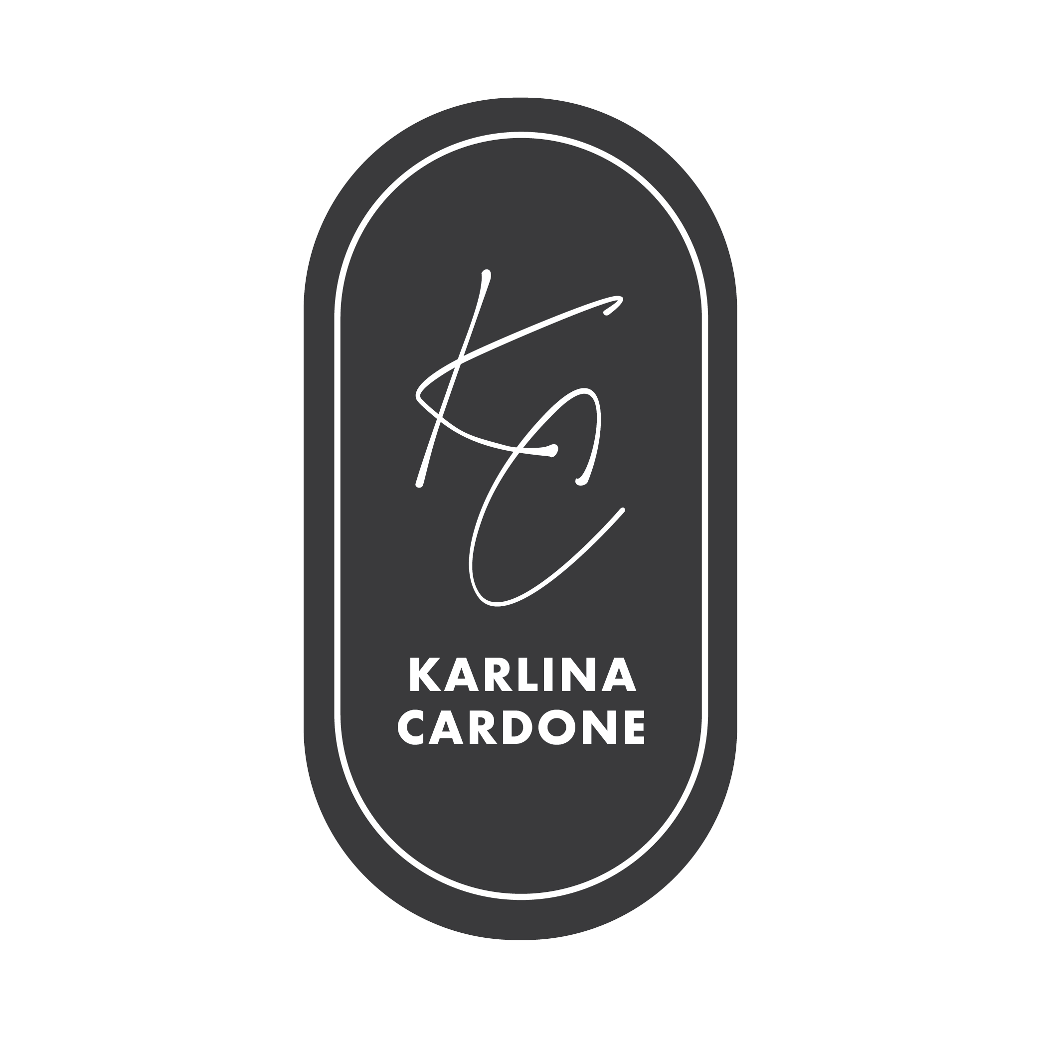 Black oval logo with white handwritten initials and white text reading "KARLINA CARDONE".