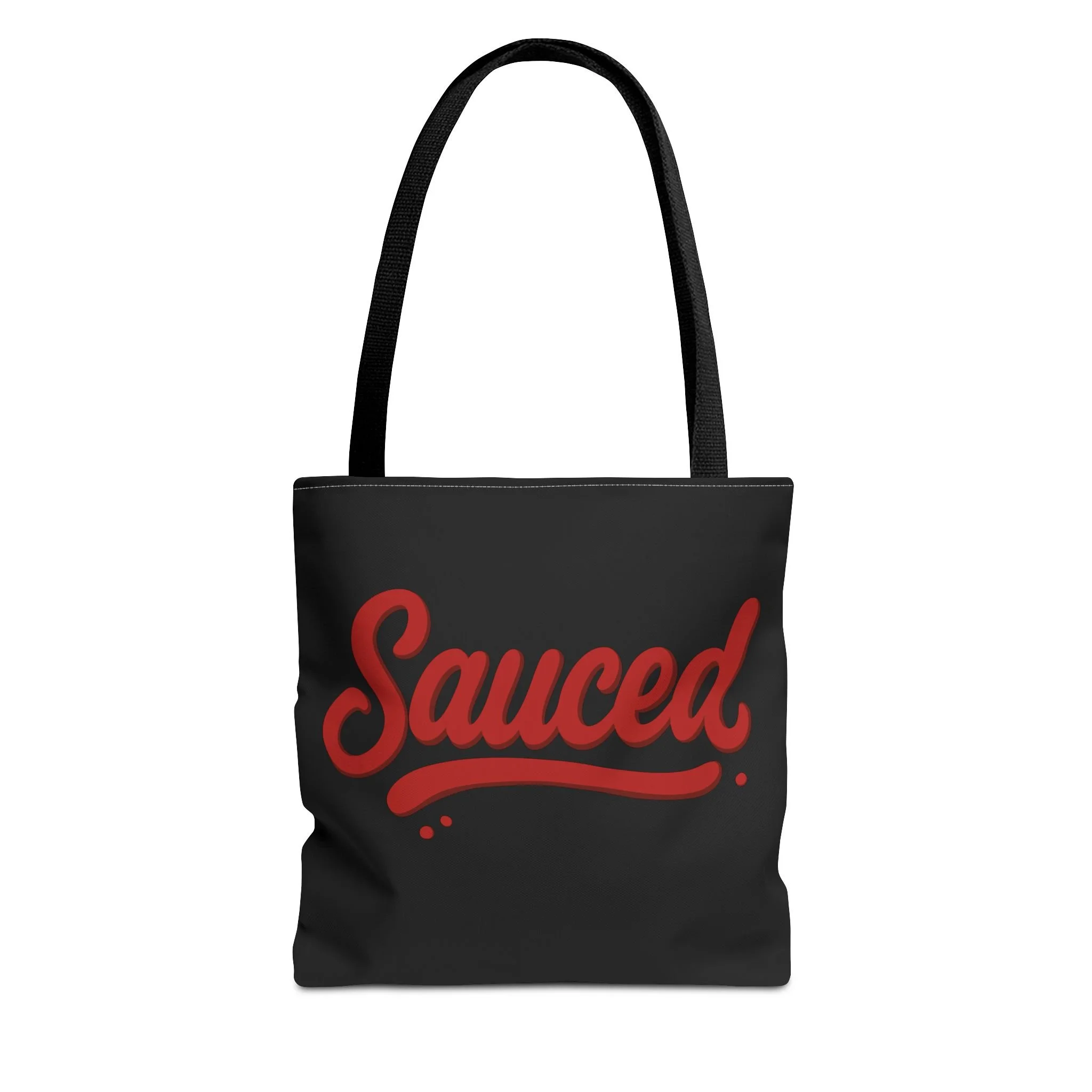 Sauced Script Tote Bag — Black Red Graphic Grocery & Everyday Shopper