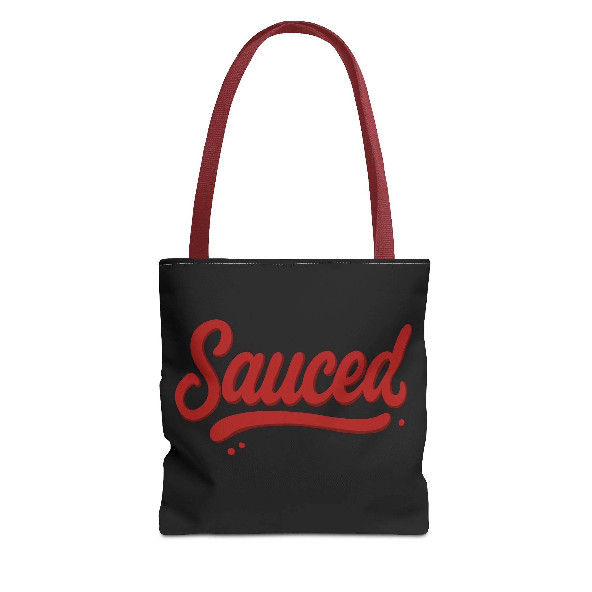 Sauced Script Tote Bag — Black Red Graphic Grocery & Everyday Shopper