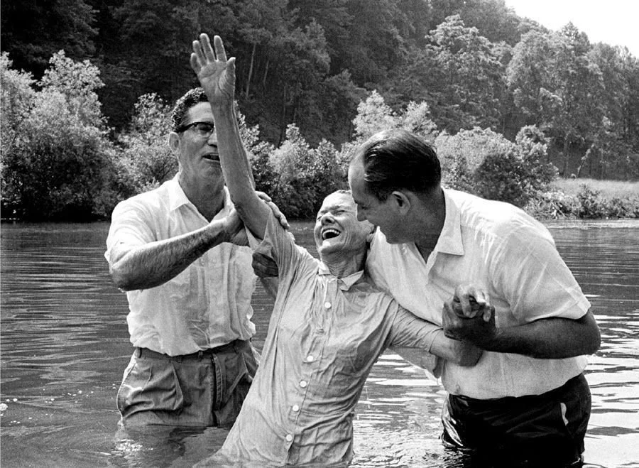 Three men, roughly middle-aged, are celebrating in a body of water, possibly a river or lake, with a wooded landscape in the background. They appear joyful and are interacting closely, with one man being held up and embraced by the other two.