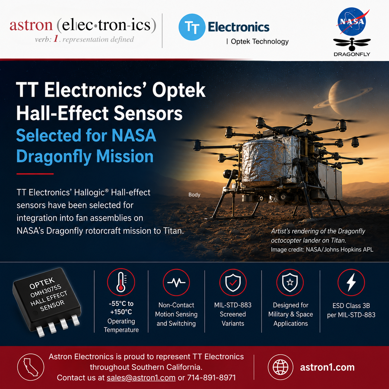 TT Electronics Hallogic® Sensors Selected for NASA's Dragonfly Mission to Titan