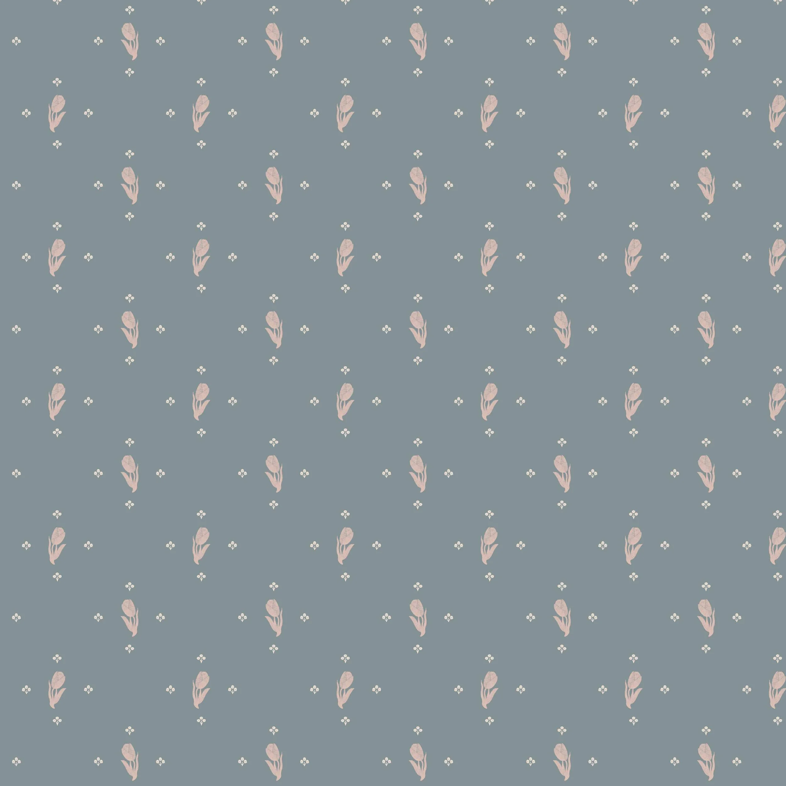 Pattern with pink tulip flowers and white small flowers on a blue background.