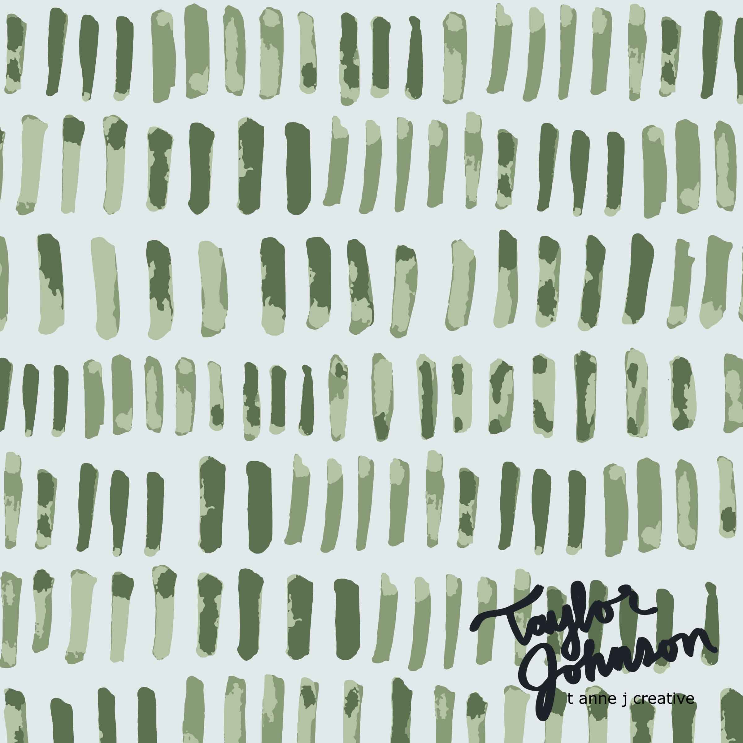 Abstract green watercolor stripes pattern with the signature 'Taylor Johnson' and 't anne j creative' in the bottom right corner.