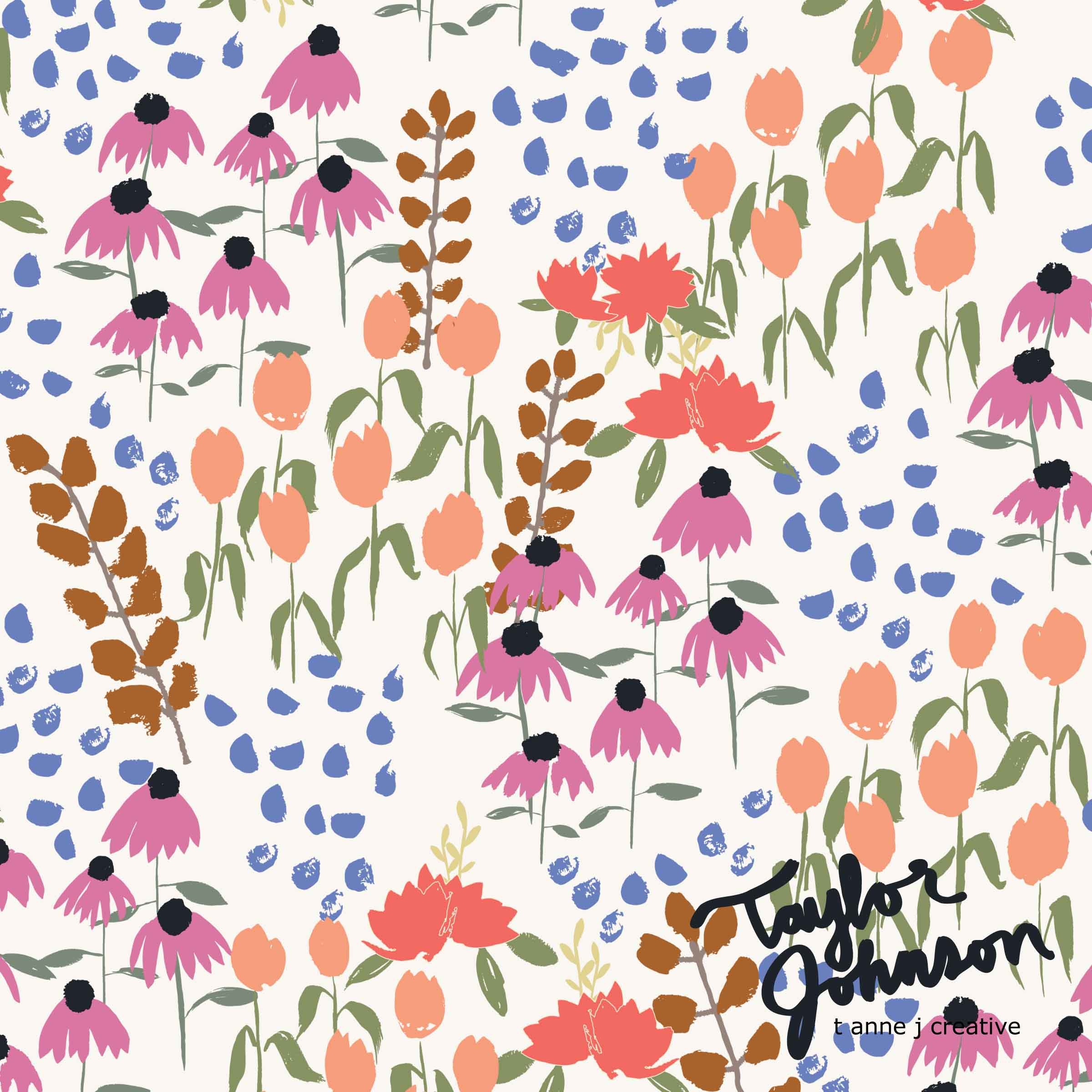 A colorful floral pattern with pink coneflowers, orange tulips, red poppies, brown and green leaves, and blue petal-like accents. The pattern is arranged on a light background, with the designer's name "Taylor Johnson" and the phrase "t anne j creative" at the bottom right corner.