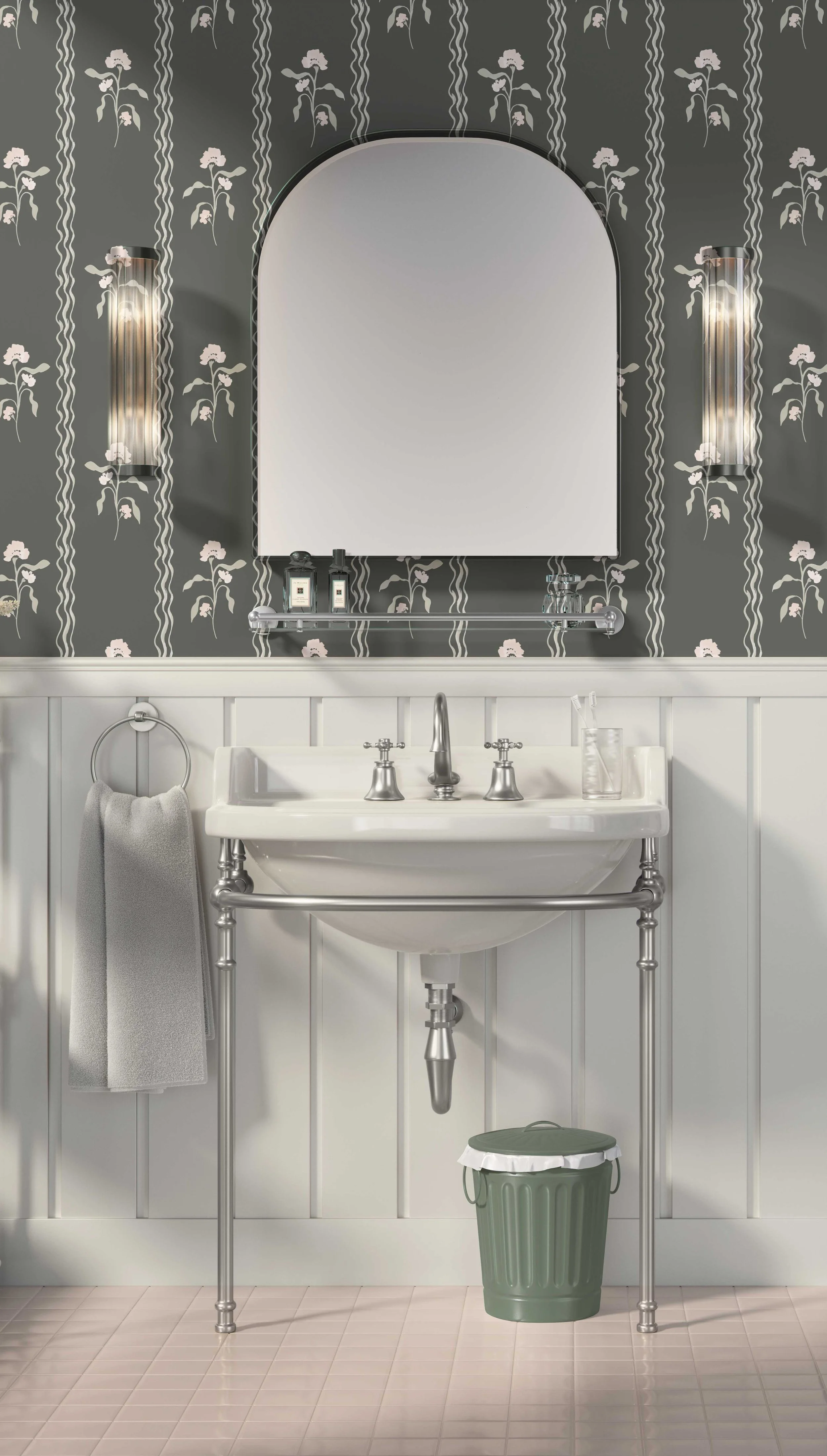 Bathroom with a large mirror, wall lamps, a white sink with silver fixtures, and a green trash can.