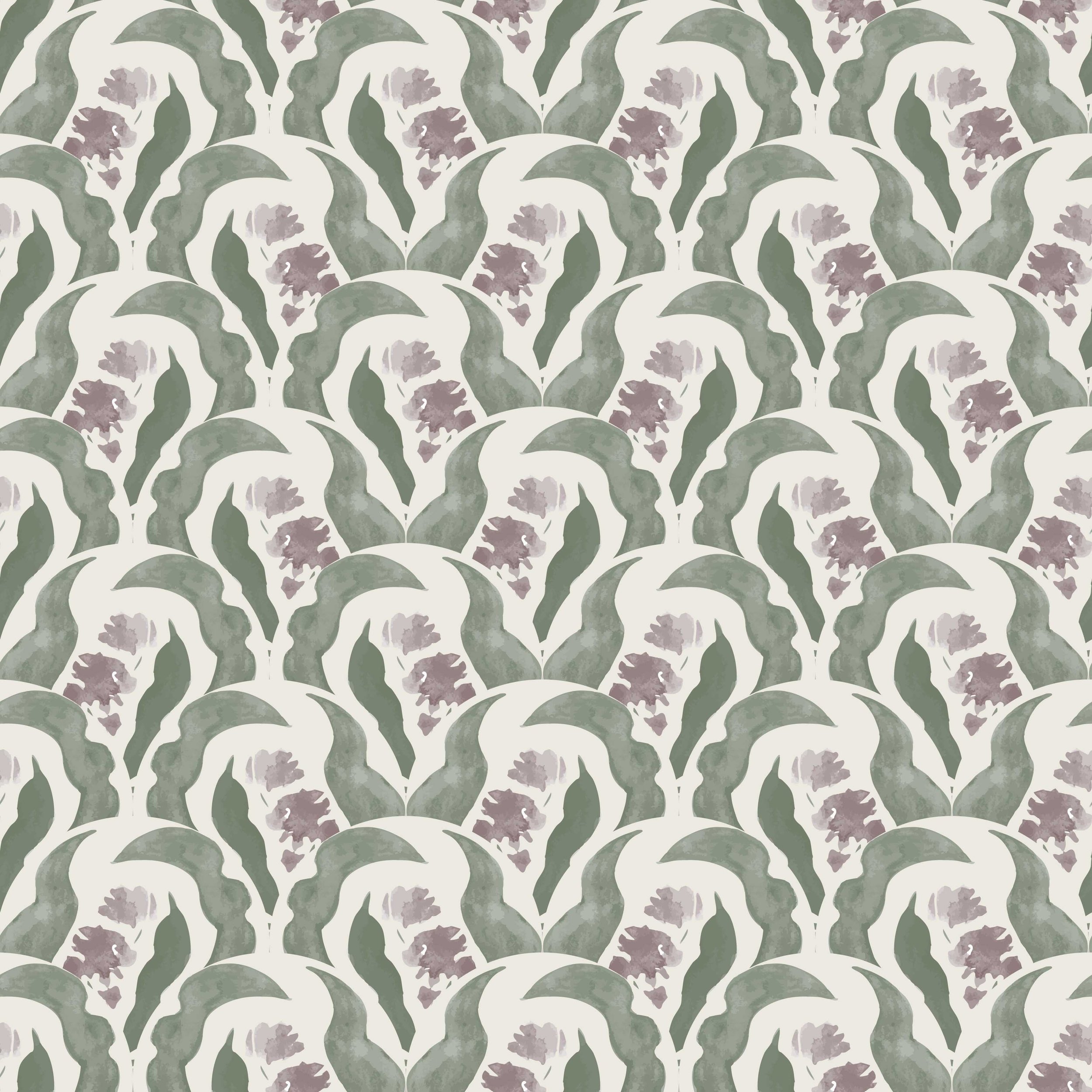 A seamless pattern of green and purple watercolor-style leaves and flowers.