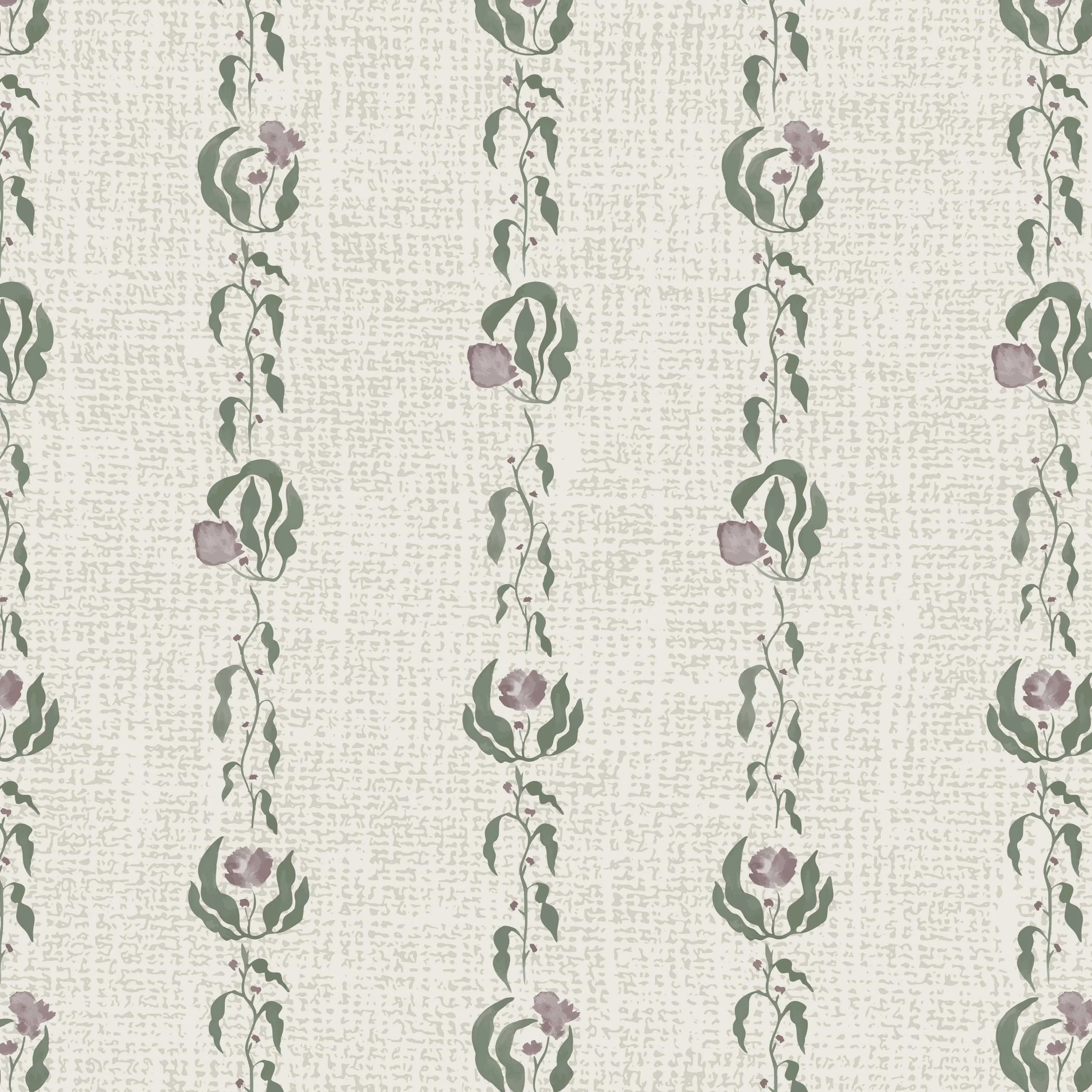 Patterned wallpaper with green, purple, and cream floral and text design.