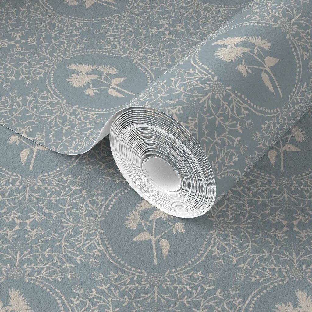 Image of Wallpaper Sample of Vintage Cornflower Blue Floral and Vine Linework