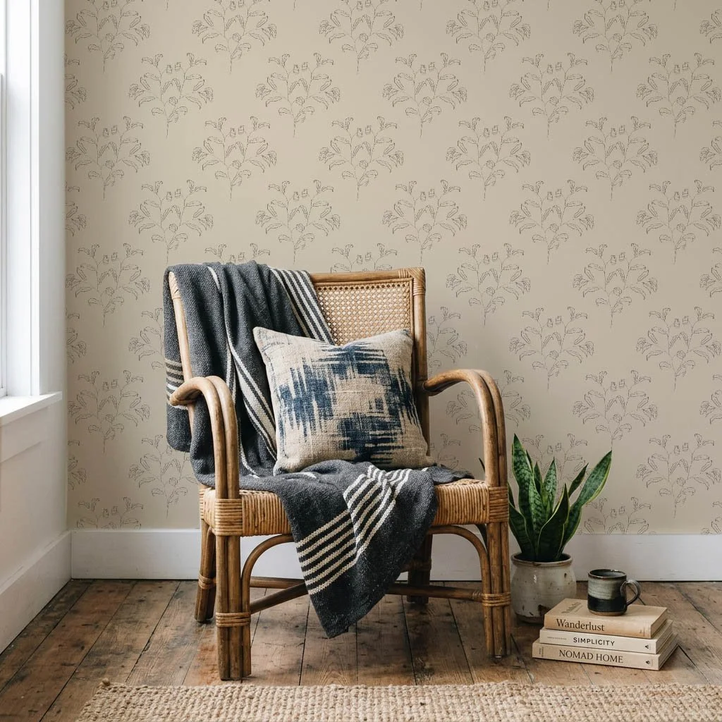 A cozy corner with a rattan chair draped with a dark gray striped blanket and a beige pillow with dark blue abstract patterns. Next to the chair, a potted snake plant sits on a small stack of books, including 'Wanderlust,' 'Simplicity,' and 'Nomad Home.' The background features a light-colored wall with a subtle floral pattern, and part of a window is visible on the left.