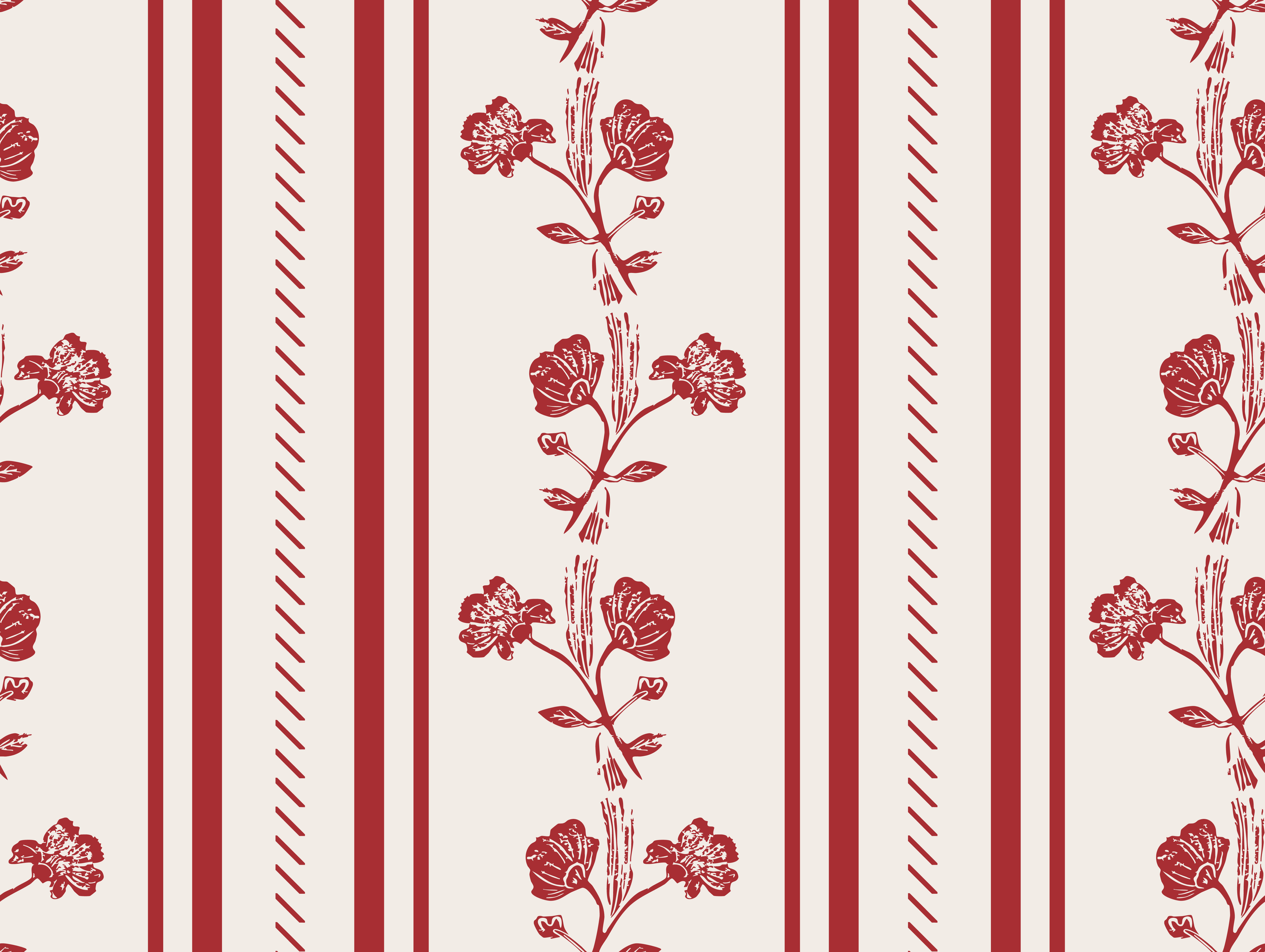 Red floral pattern with alternating vertical stripes of solid color and dotted lines on a light background.
