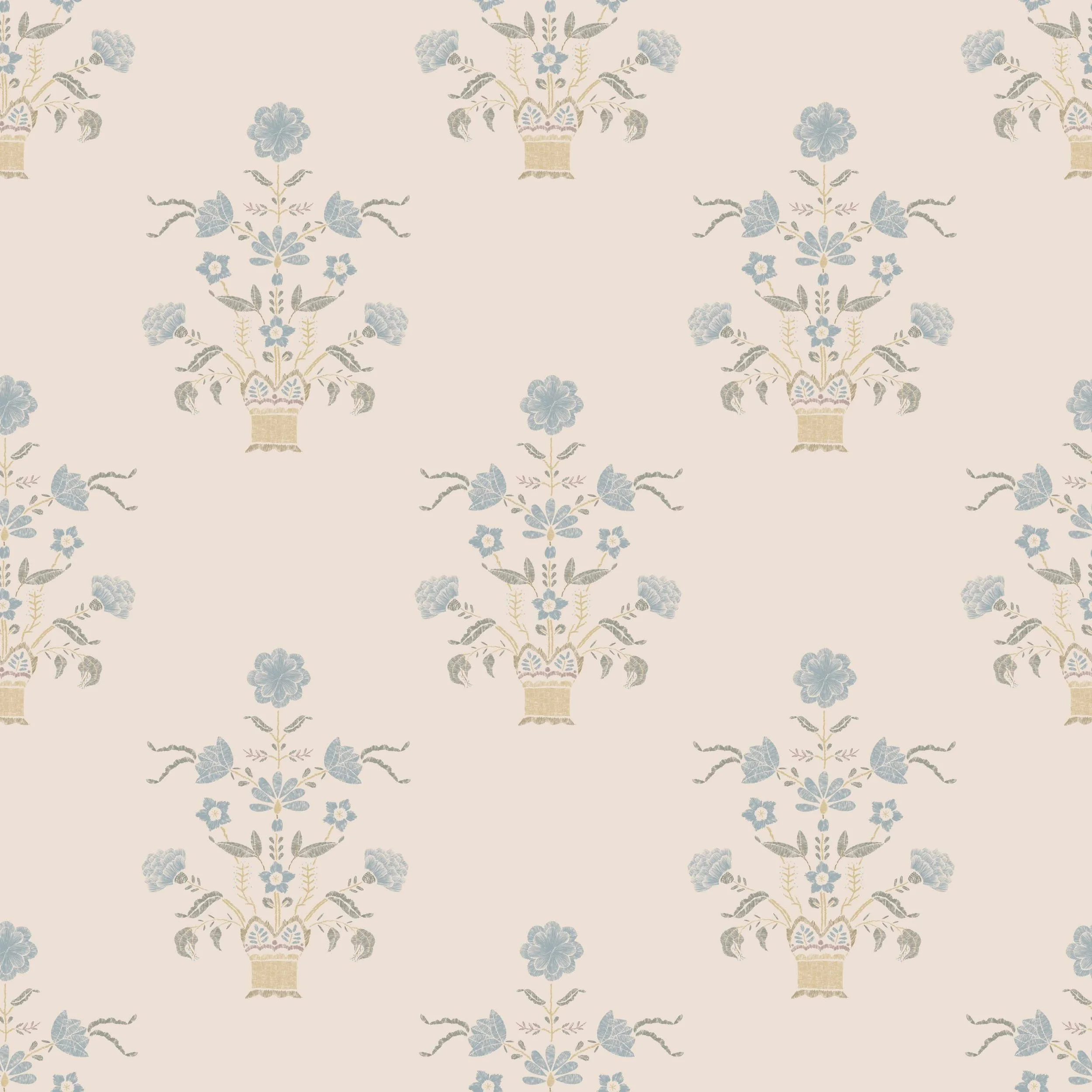 Pattern of blue and beige floral arrangements in vases on a light background.