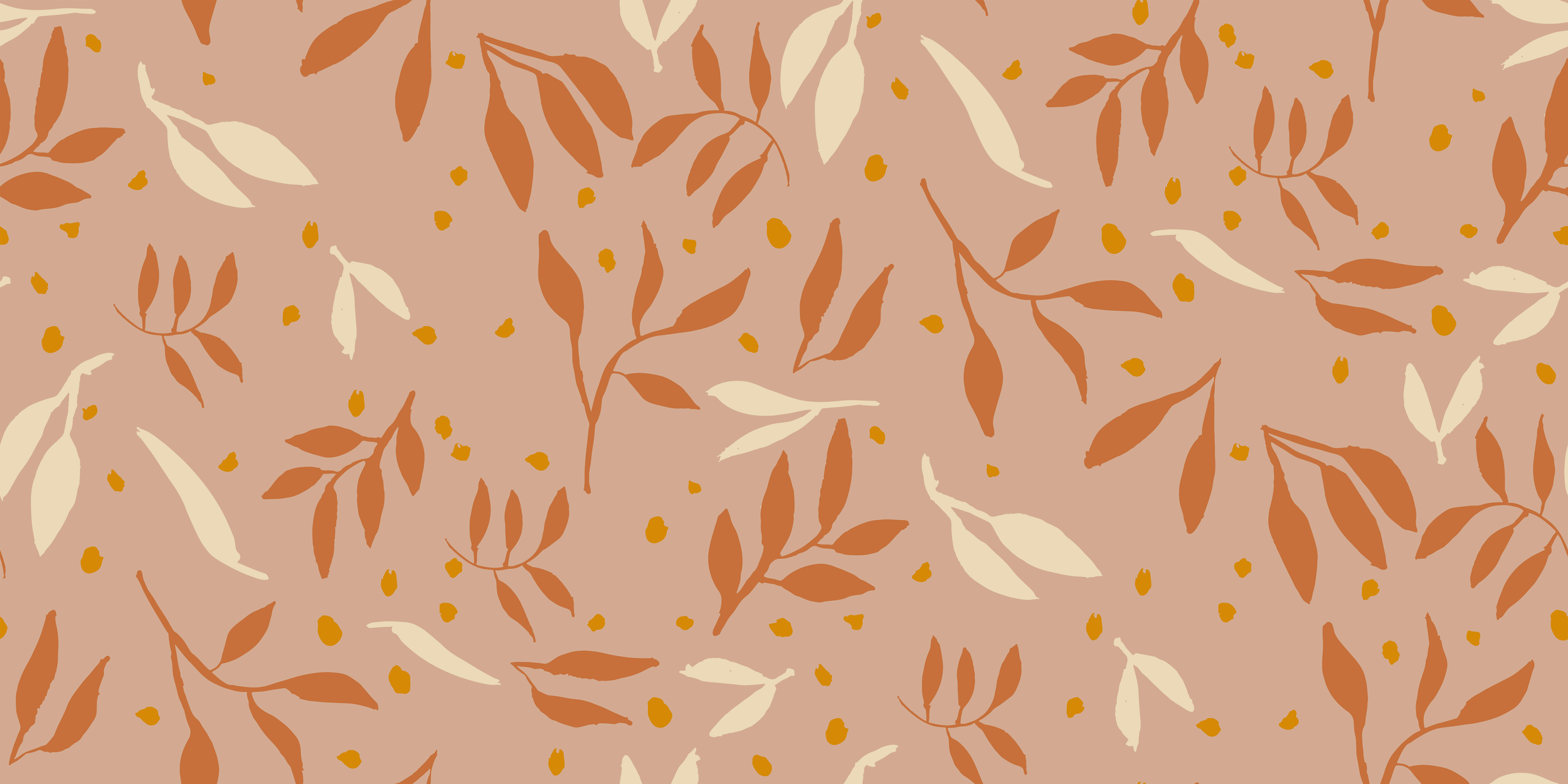 Pattern of orange leaves and small berries on a light orange background.