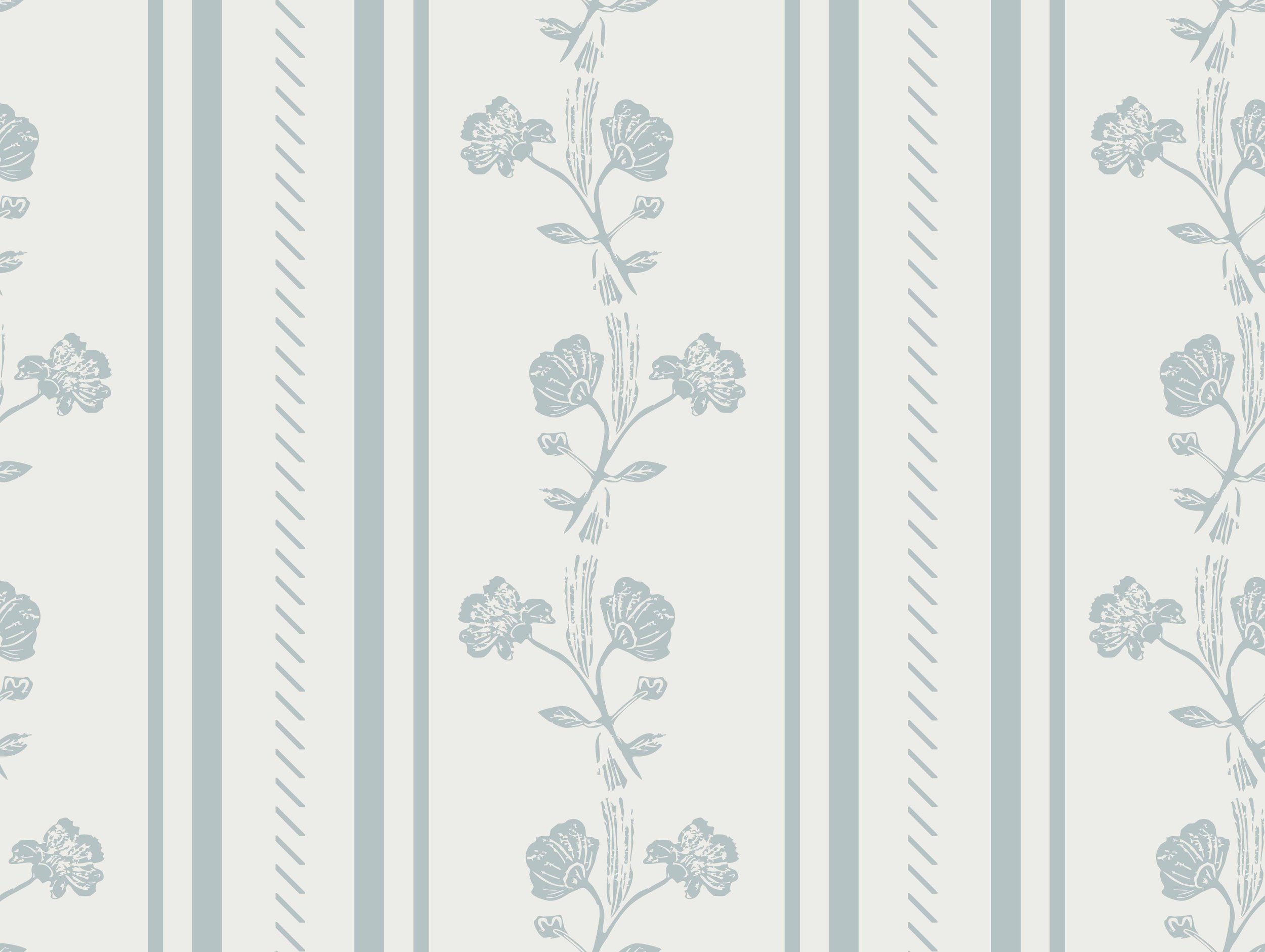 A wallpaper pattern with vertical stripes and floral motifs in blue and white.