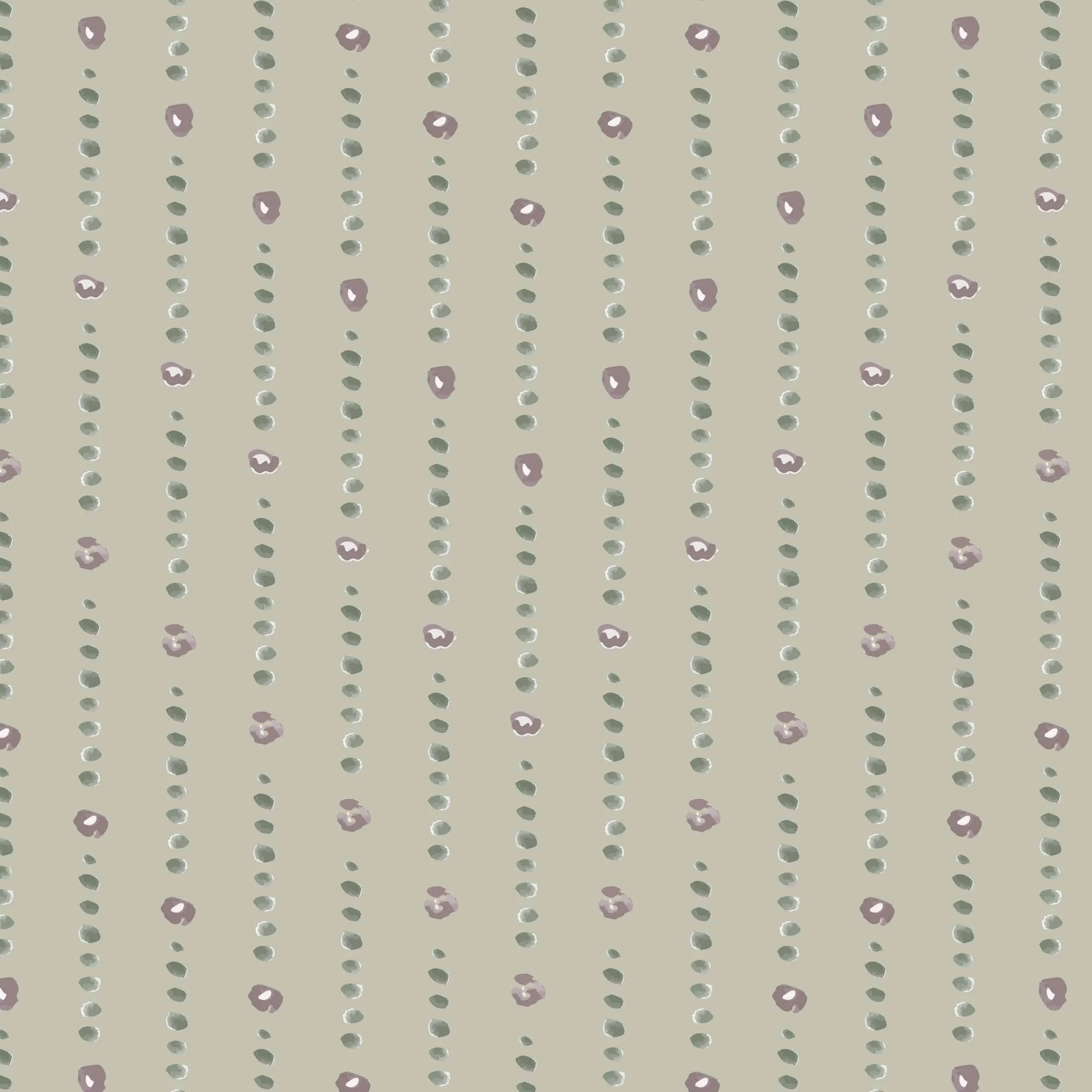 A pattern of small, irregular purple and green shapes on a beige background, arranged in vertical dotted lines.