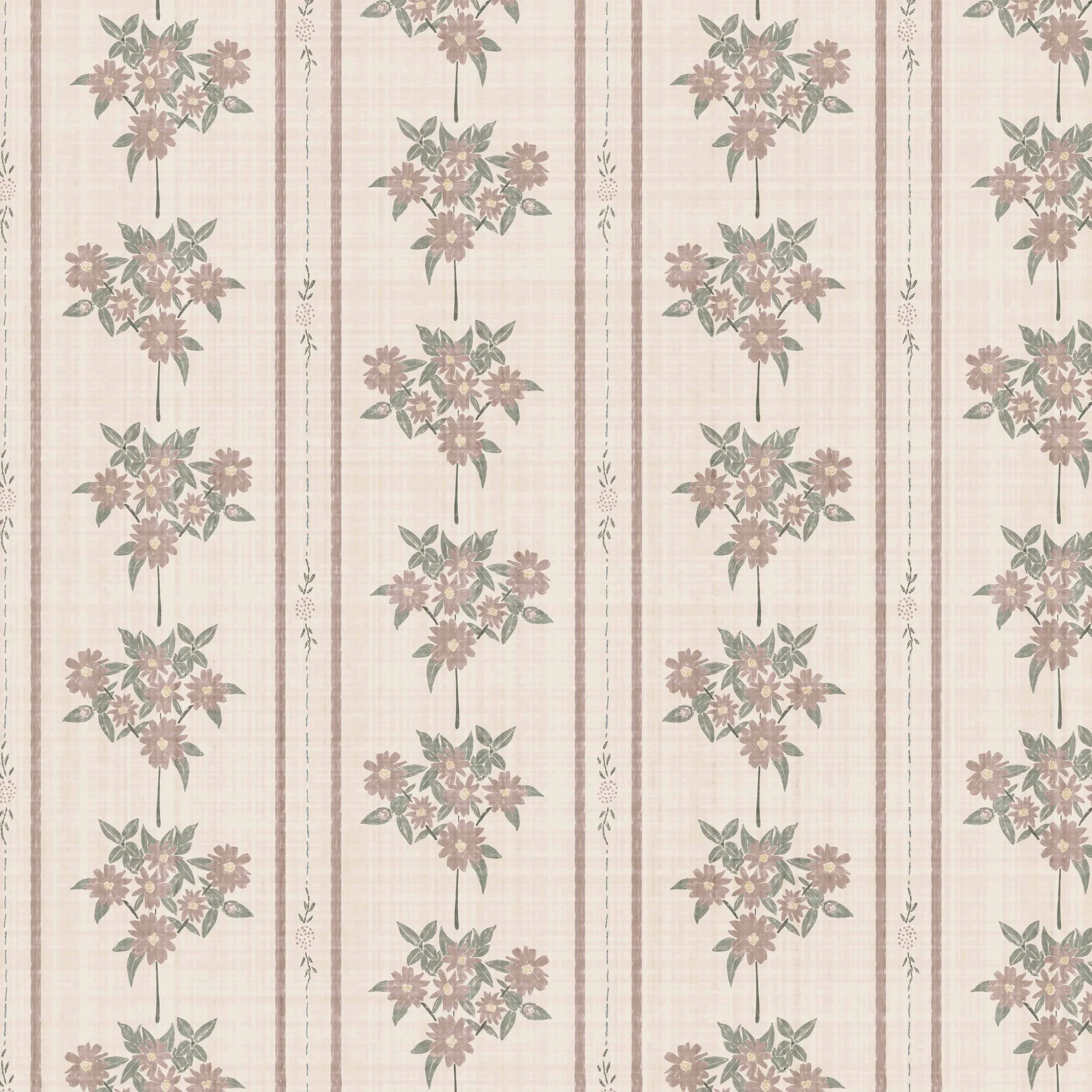 A fabric pattern with light pink and beige vertical stripes, decorated with clusters of pink and lavender flowers and green leaves.