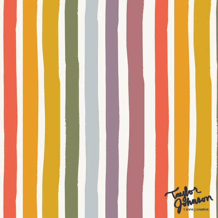 Colorful vertical stripes in shades of orange, yellow, green, purple, and red on a white background with Taylor Johnson's signature in the bottom right corner.
