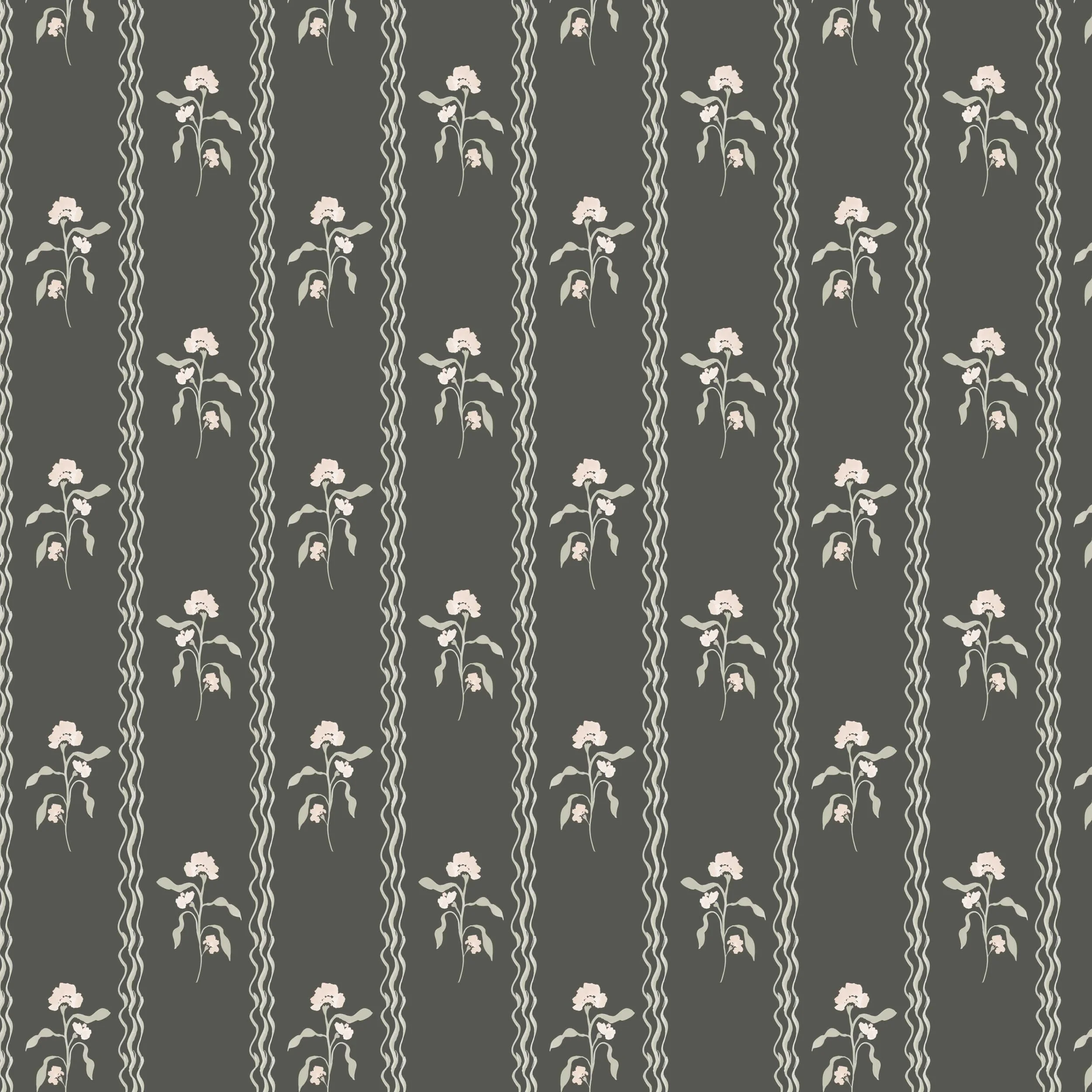 A repeating pattern of beige and soft pink flowers with green leaves on a dark gray background.