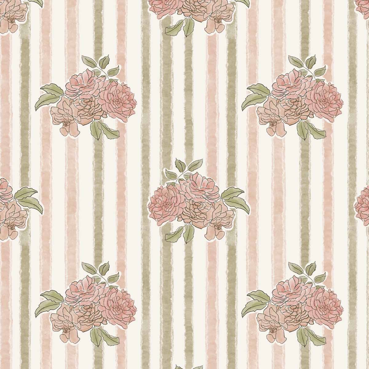 Painterly Watercolor Roses and Sage, Pink, and Cream Stripes Pattern