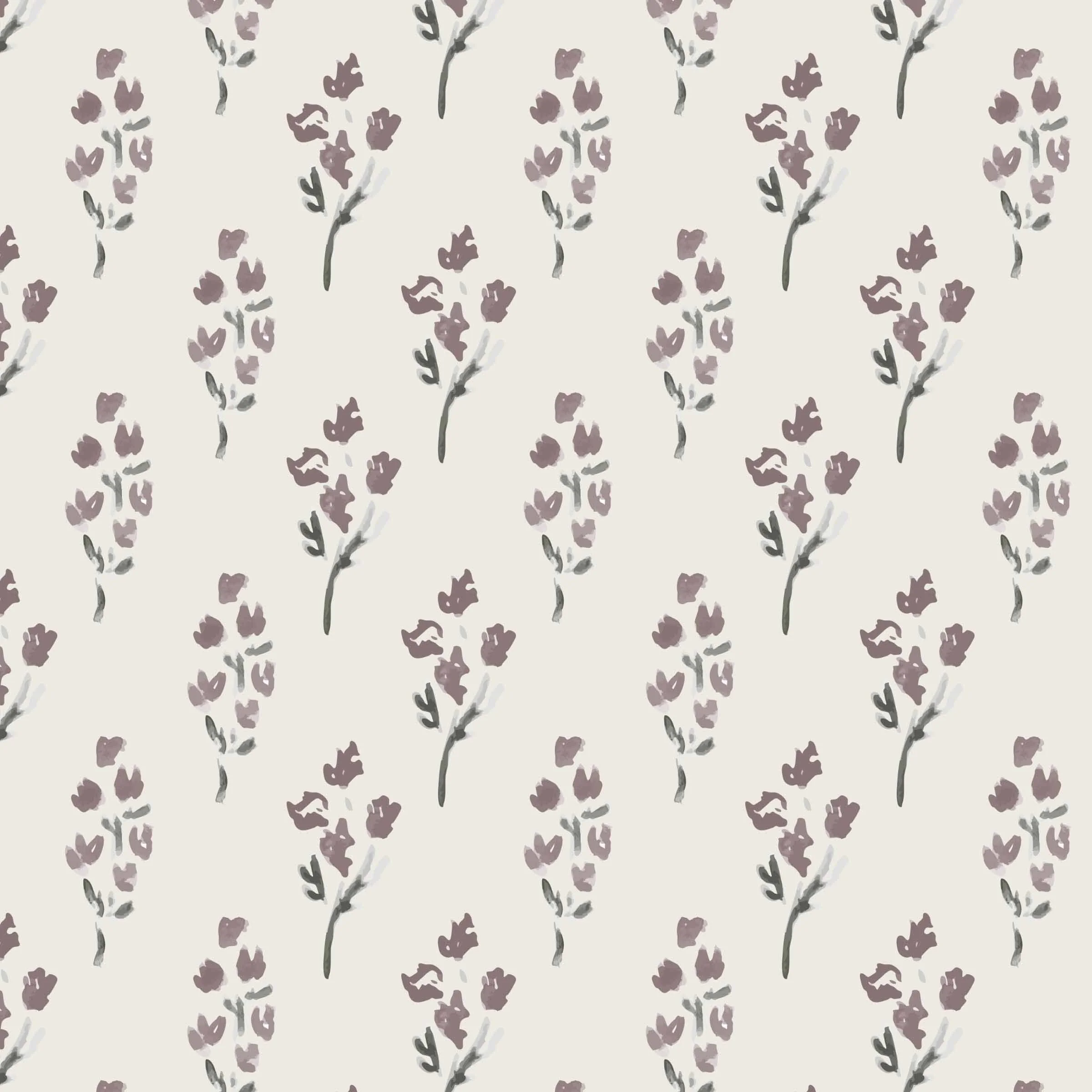 A seamless pattern of watercolor-style lavender sprigs with lavender flowers and gray-green leaves on a light background.