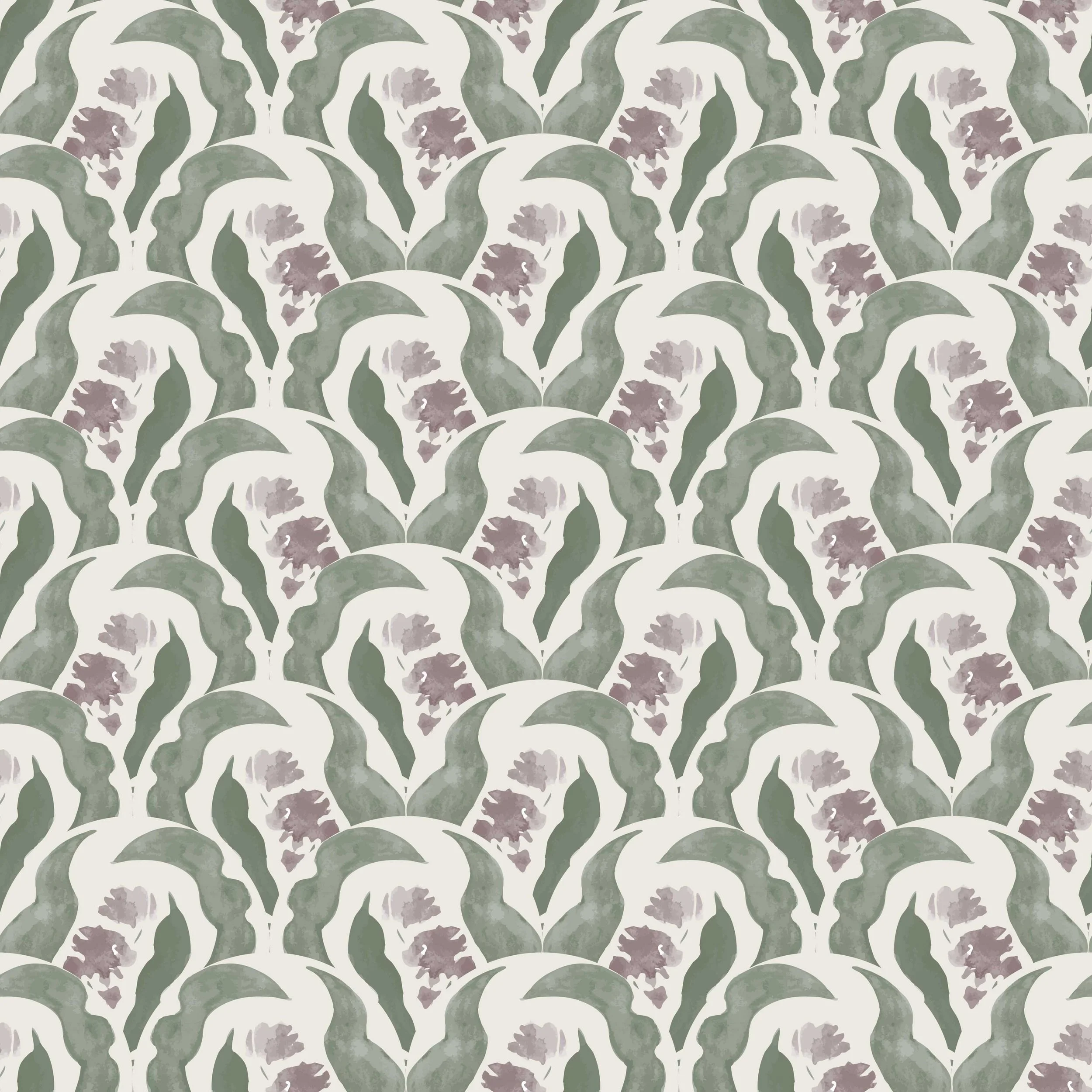 A seamless pattern with watercolor-style green leaves and purple flowers on a light background.