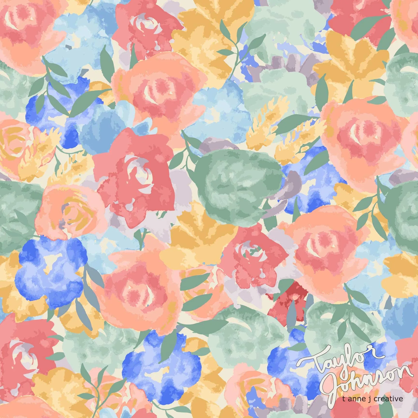 A colorful watercolor floral pattern with various pastel-colored roses, leaves, and other flowers in pink, blue, yellow, and green shades. The pattern includes a signature reading "Taylor Gibbon" and the words "t anne j creative" at the bottom right corner.