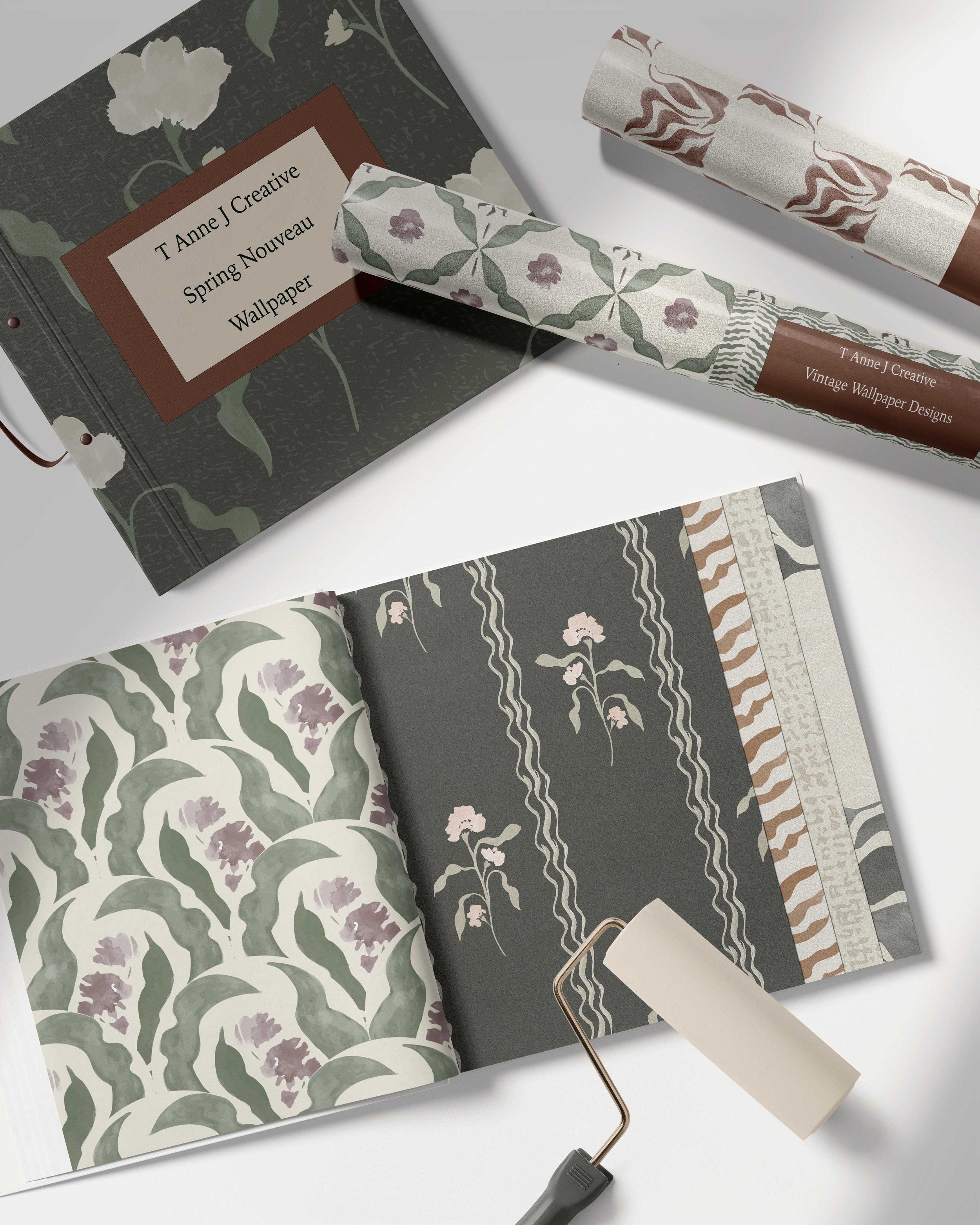 Collection of wallpaper samples with various floral and geometric patterns in muted colors, accompanied by a sample card from T Anne J Creative labeled 'Spring Nouveau Wallpaper' and 'Vintage Wallpaper Designs'.
