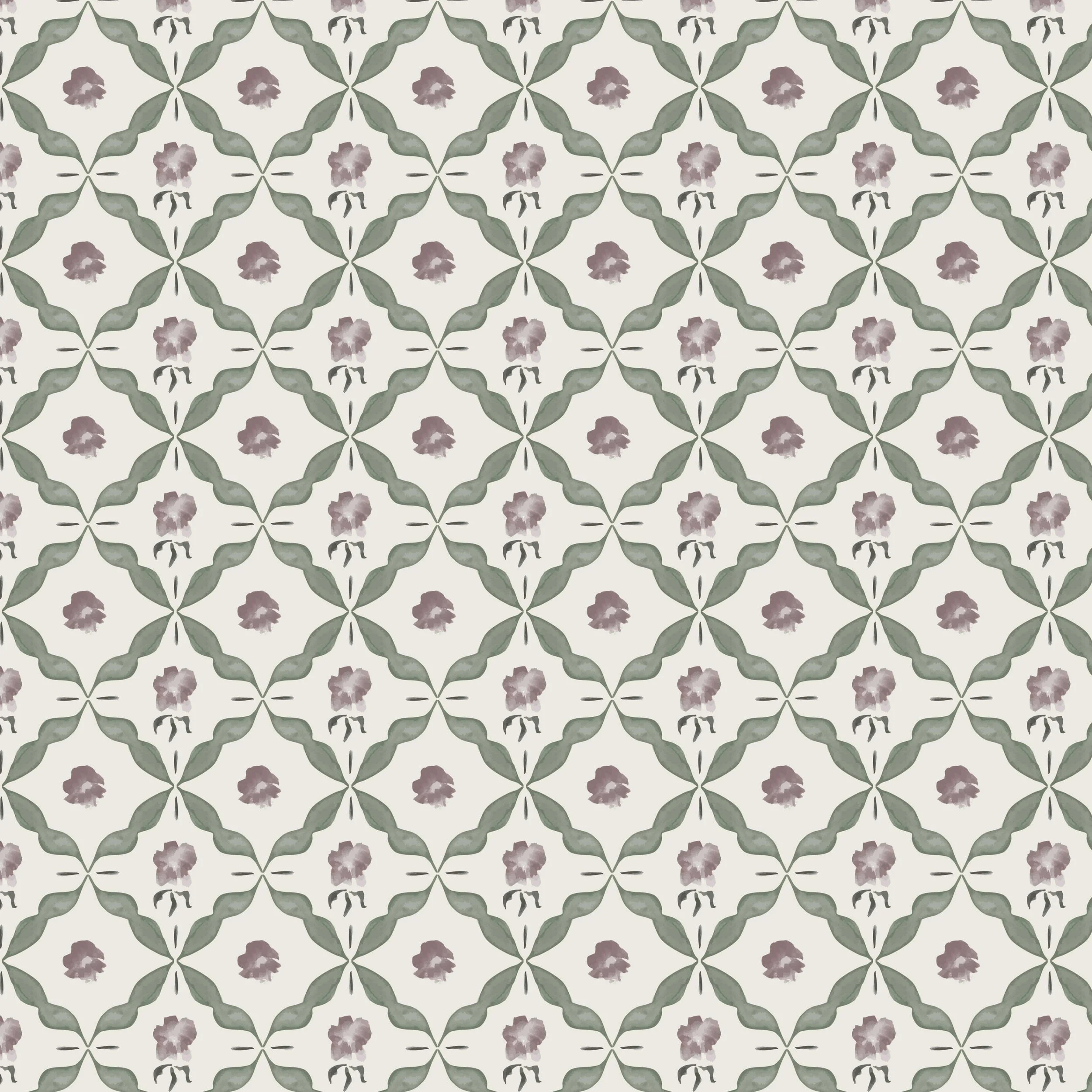 Pattern of green leaves and purple flowers arranged in a symmetrical repeating design.