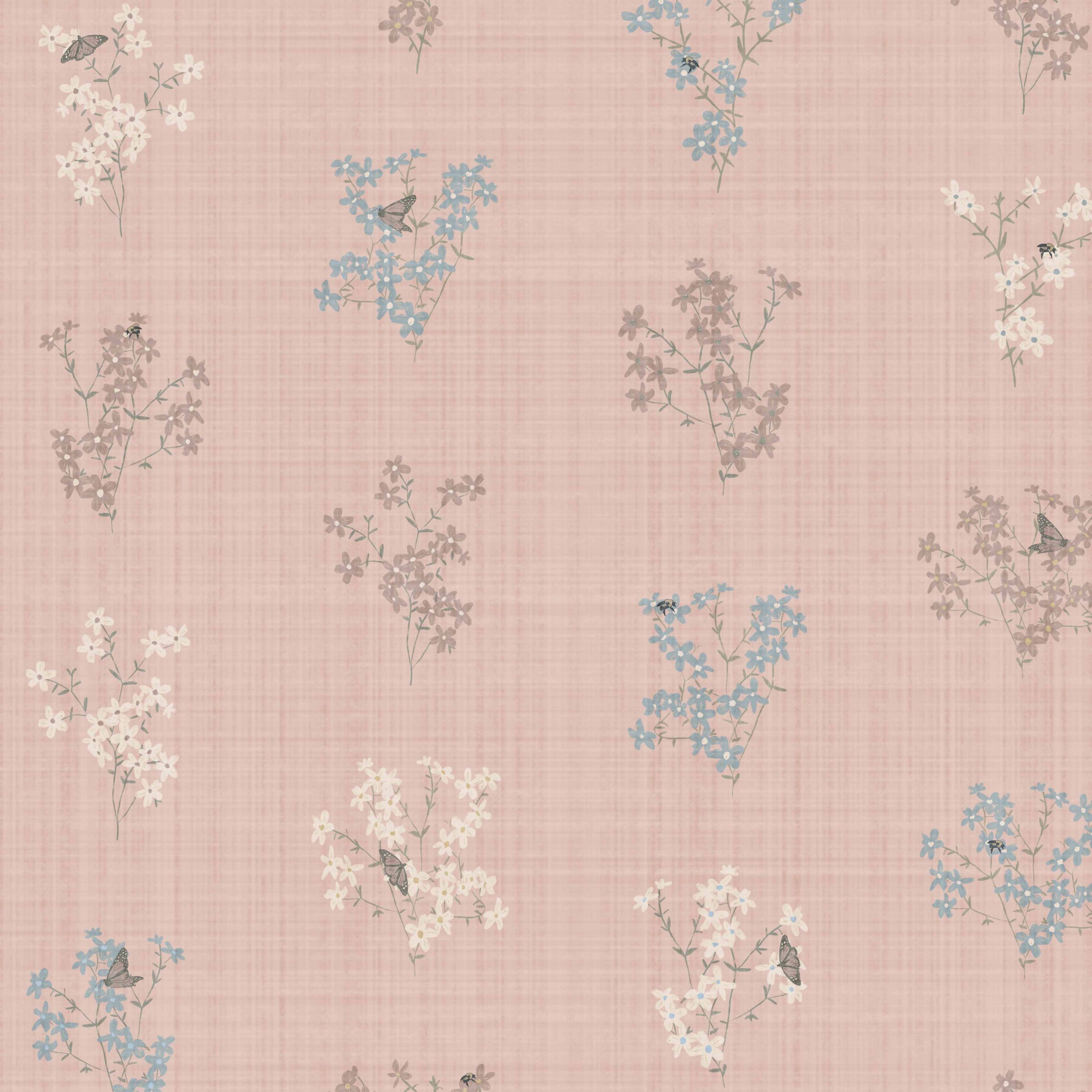 A pink patterned fabric with small floral clusters in white, blue, and brown, with butterflies perched on some flowers.