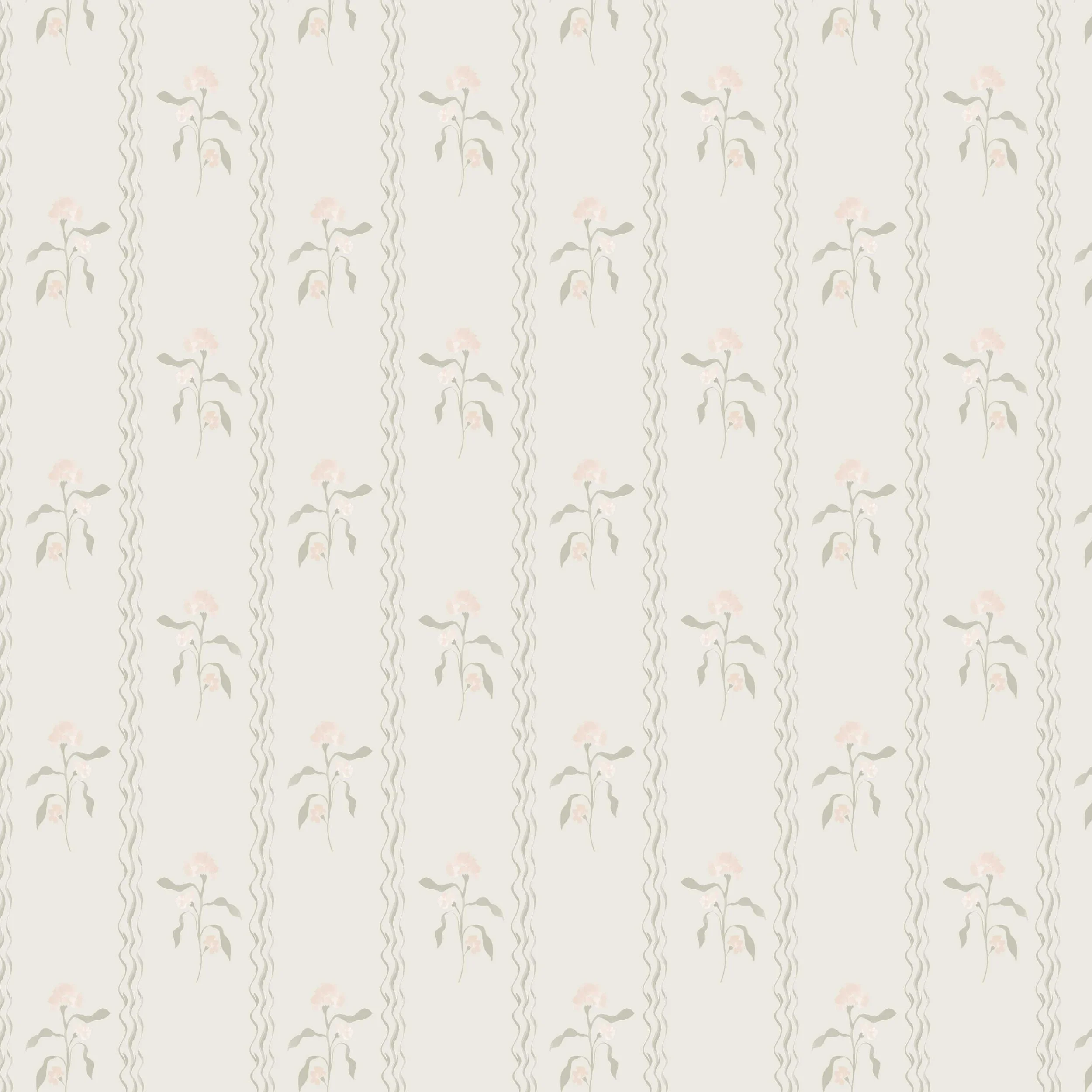 A floral pattern wallpaper with light pink flowers and green leaves on a beige background.