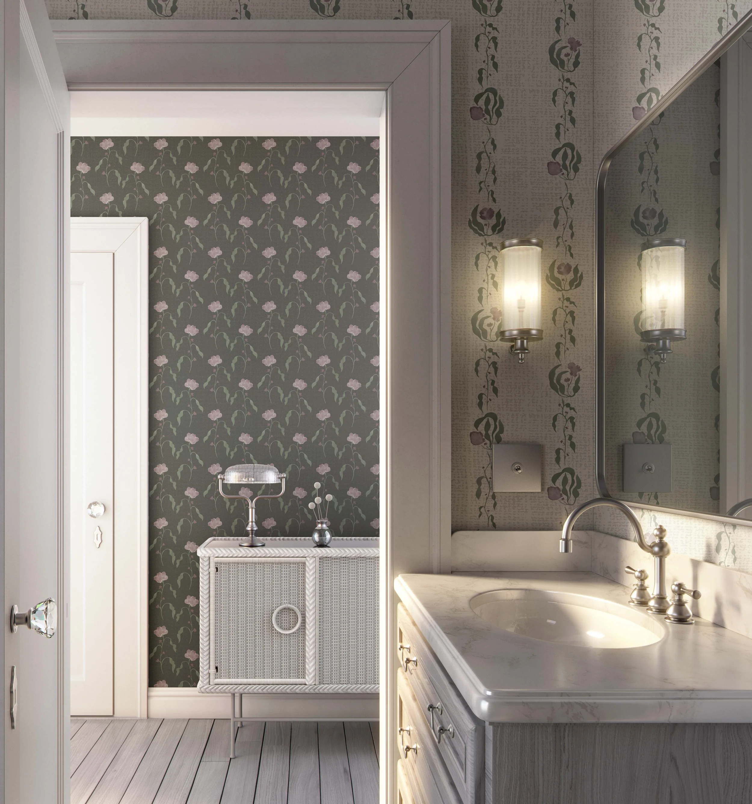 A bathroom with floral wallpaper, a marble countertop sink, wall-mounted light fixtures, a mirror, and a standing laundry hamper.