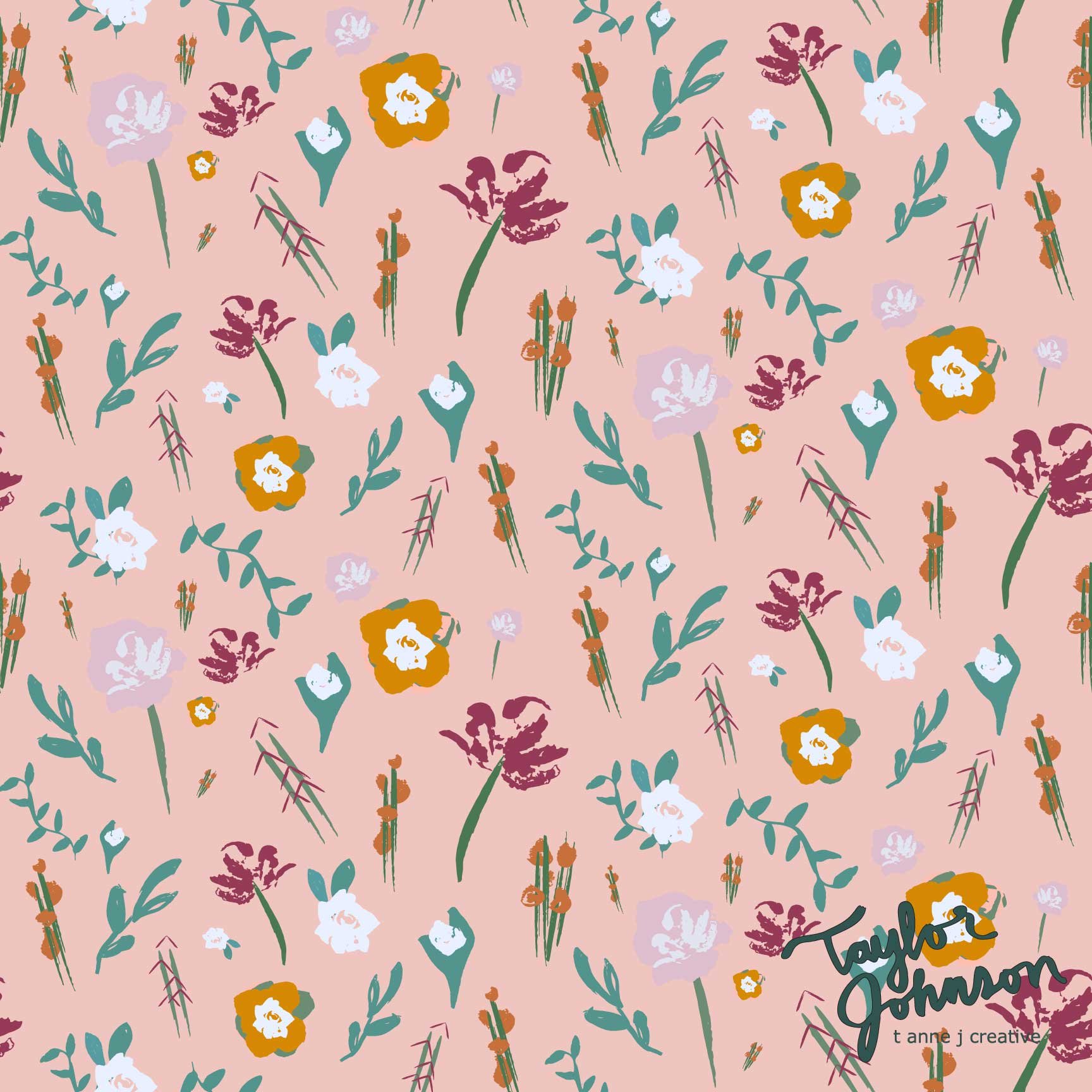 Floral pattern with various flowers and leaves on a pink background, with the signature "Tayla Johnson" and "tanne j creative" in the bottom right corner.