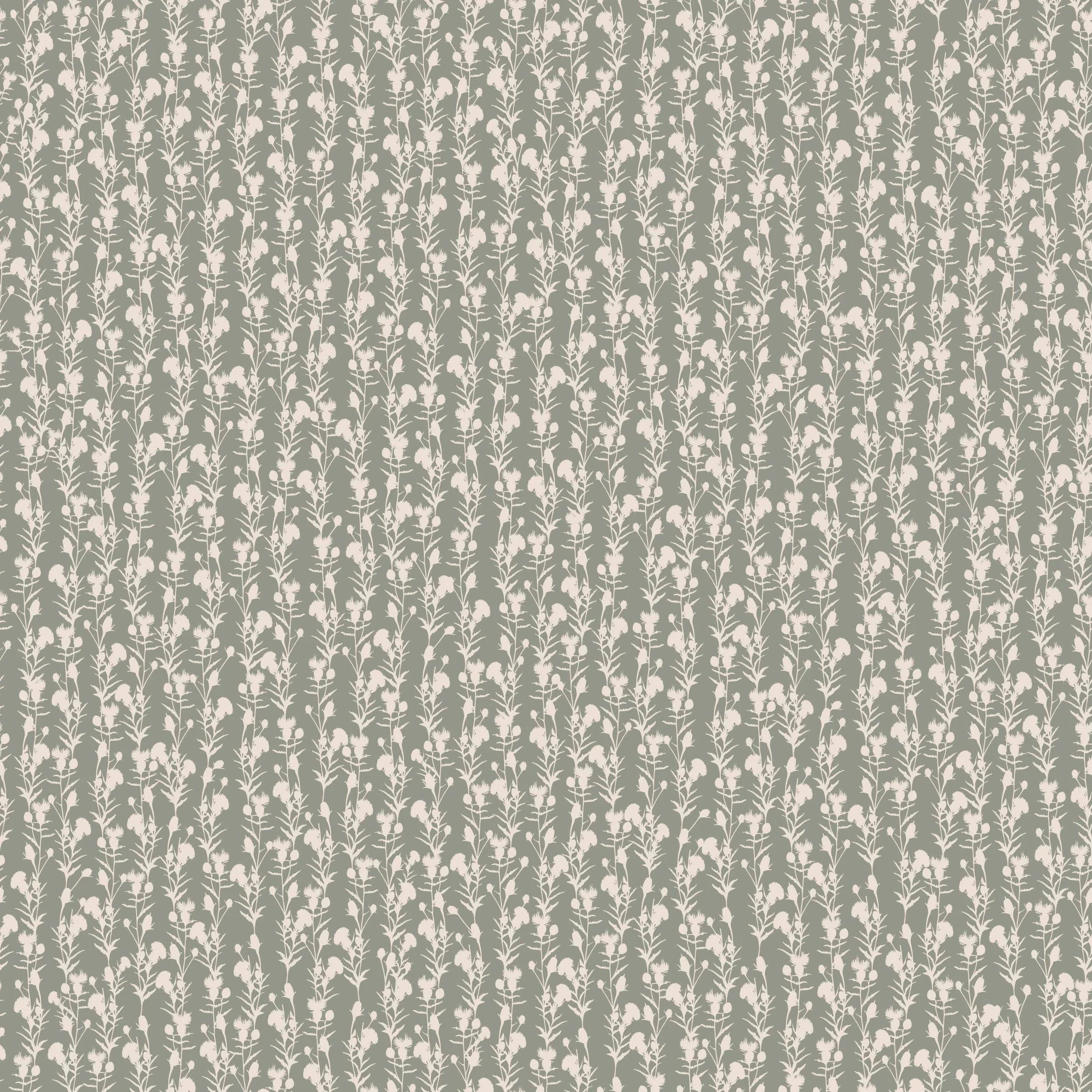 Pattern of white floral silhouettes on a muted green background.