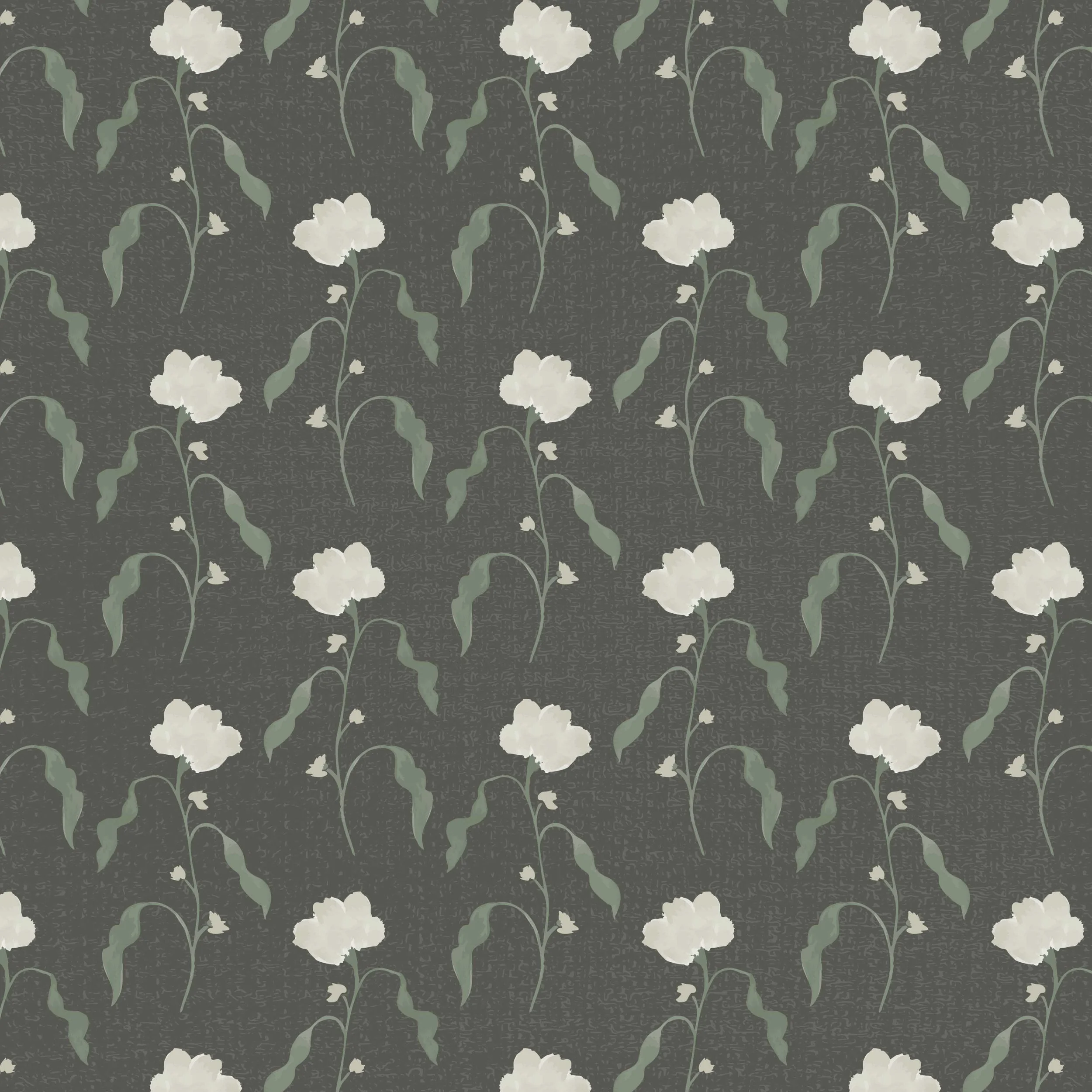 A seamless pattern of white, bell-shaped flowers with green stems and leaves on a dark textured background.