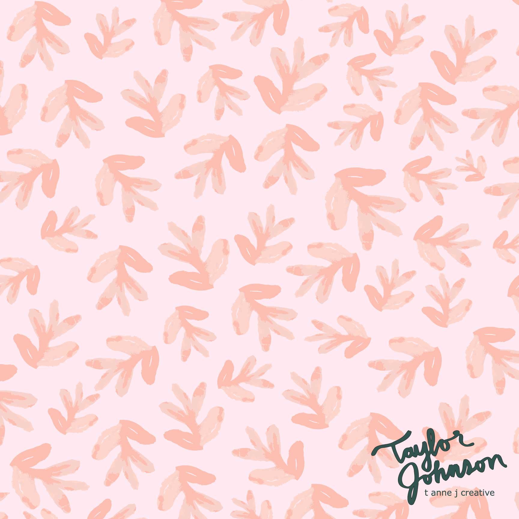 Pink background with light peach floral brushstroke pattern and the signature 'Taylor Johnson' with 't annej creative' below in dark font.