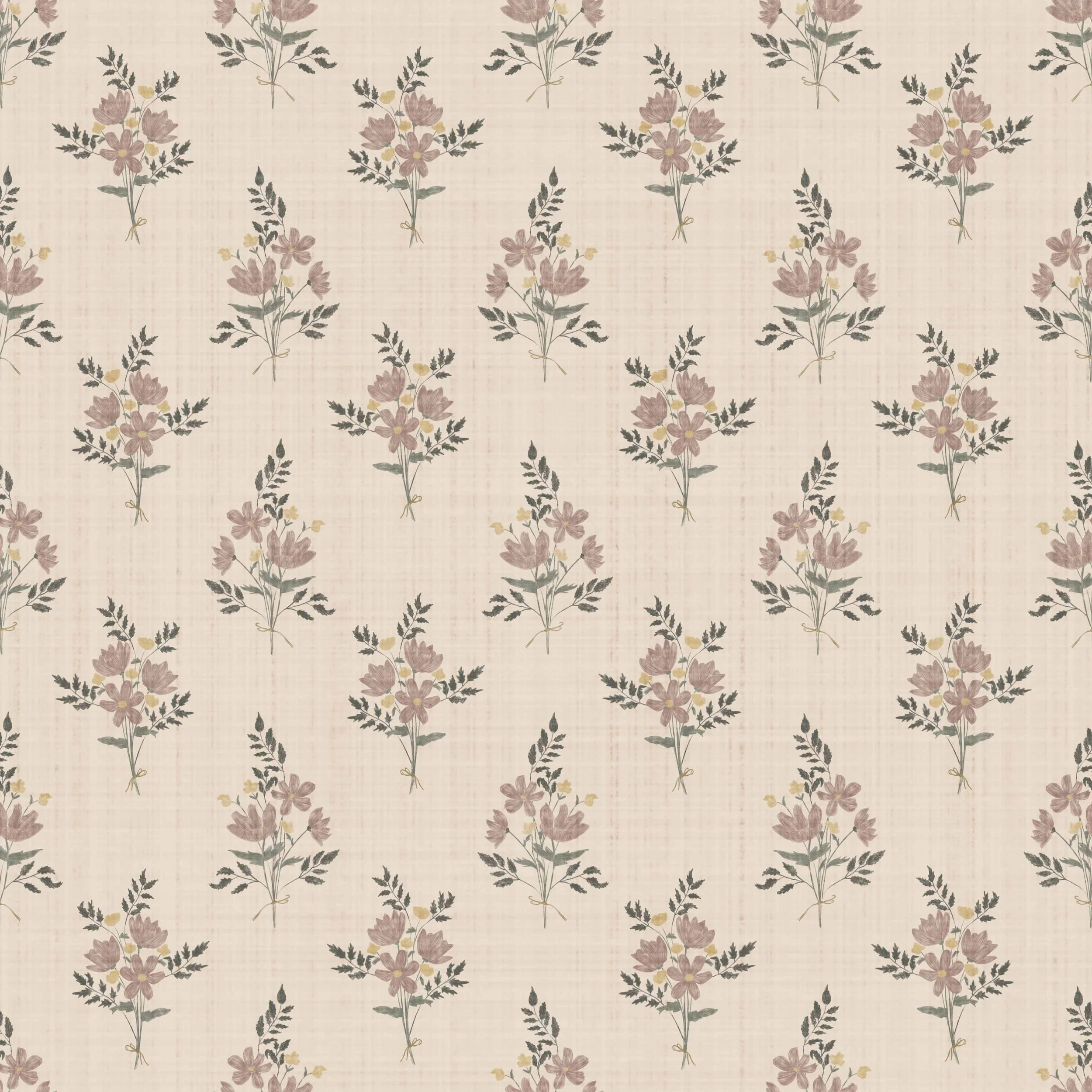 Pattern of small pink flowers with green leaves on a beige background.