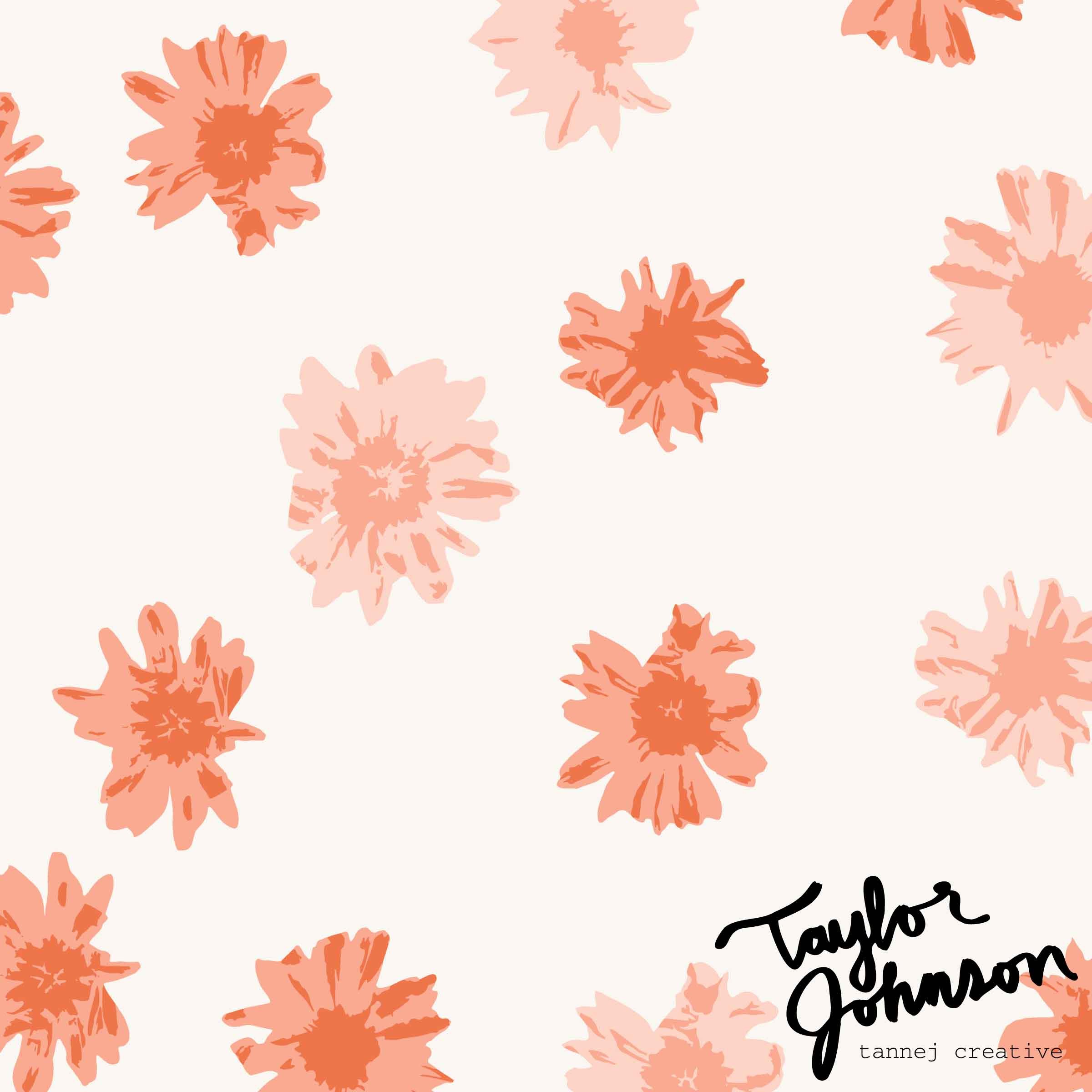 Pattern of peach and pink flowers on a light beige background with the signature "Taylor Johnson" and "tannej creative" in the lower right corner.