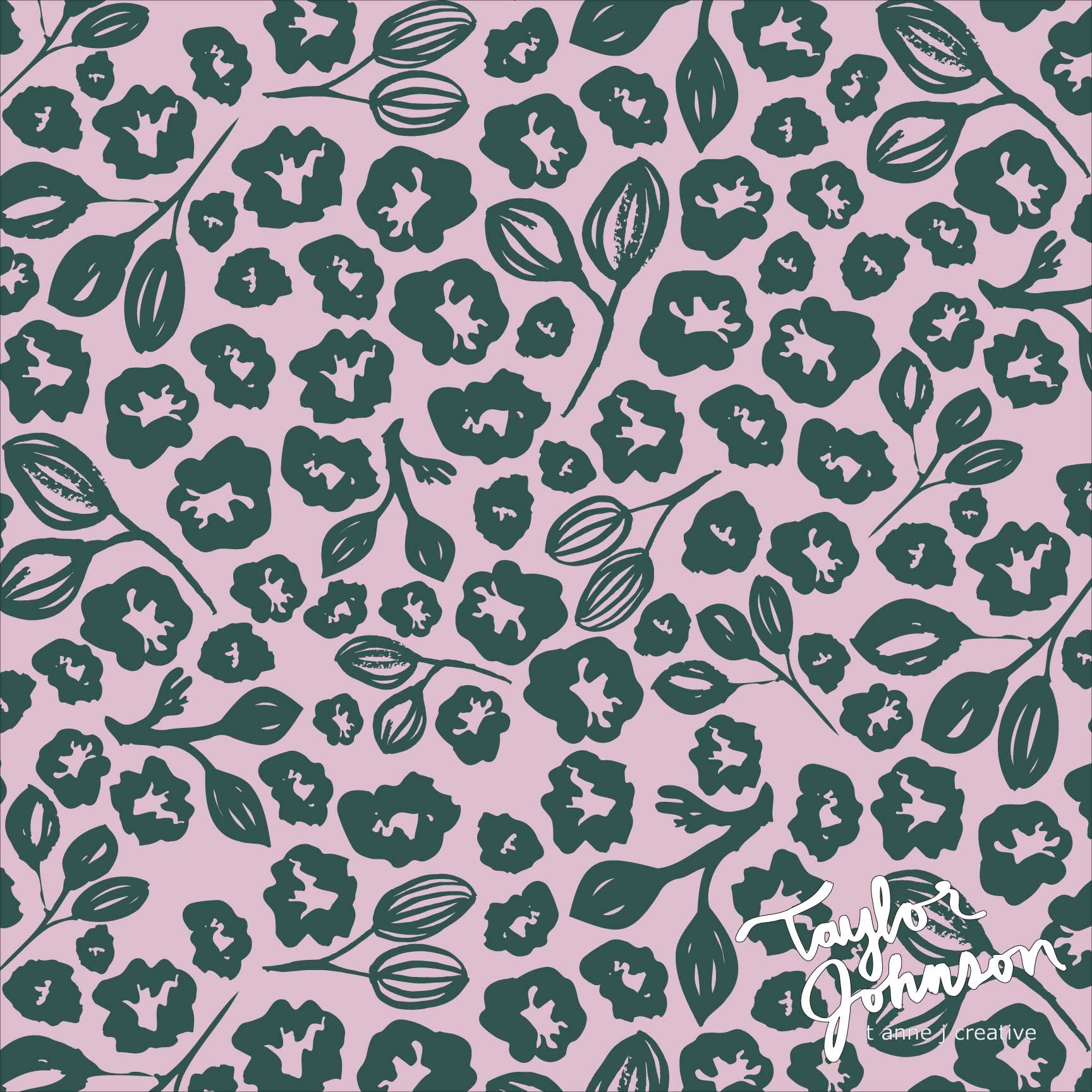 A fabric pattern featuring dark teal flowers and leaves on a light pink background, with the text 'Taylor Johnson' and 'tanne|creative' in the lower right corner.