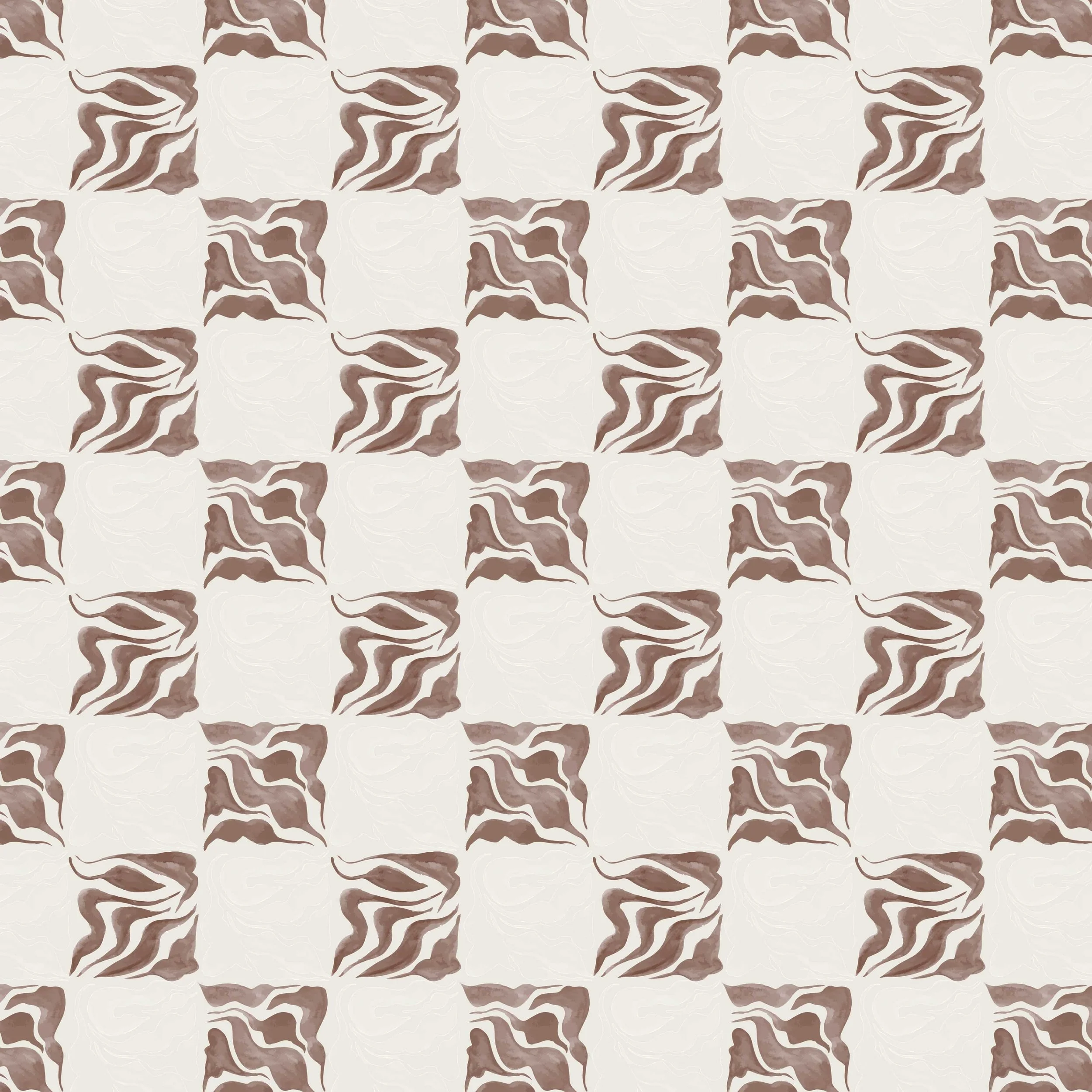 Abstract checkerboard pattern with irregular brown and white shapes on a light background.