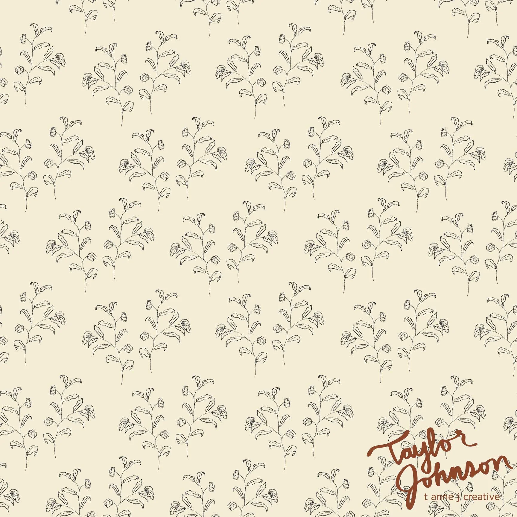Pattern of hand-drawn flowers with a signature in the bottom right corner reading 'Taylor Johnson' and the text 't anne | creative'.