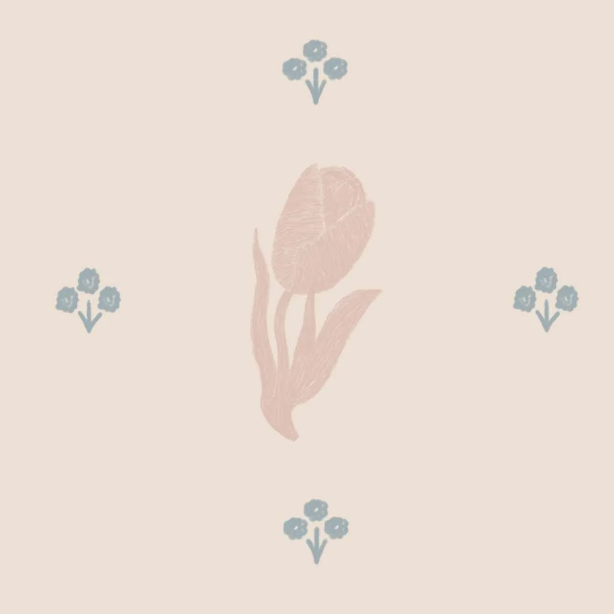 A floral pattern with a central pink tulip surrounded by small blue flowers on a beige background.