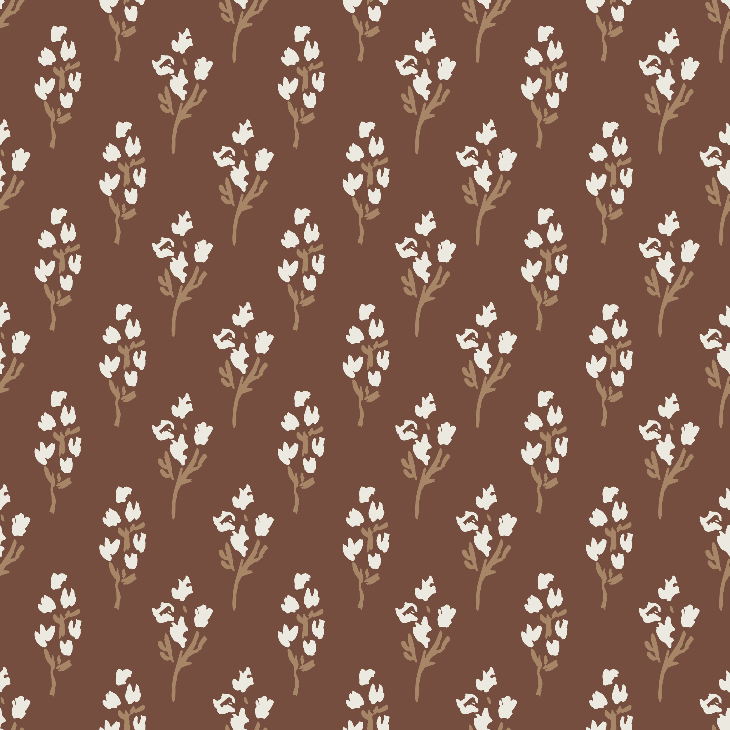 Pattern of white flowers with brown and beige stems on a solid brown background.