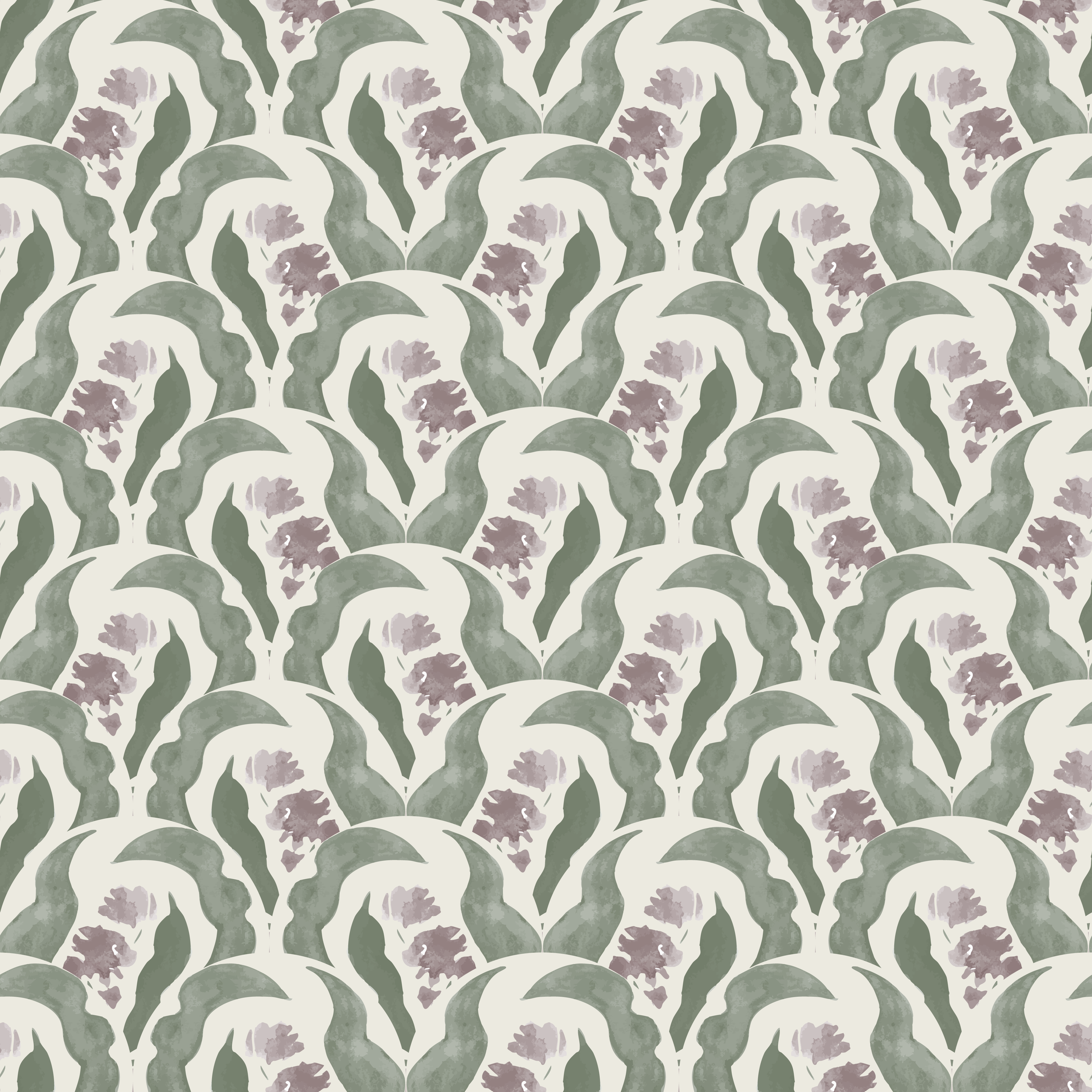 A seamless pattern of abstract leaves and flowers in muted green, purple, and cream colors.