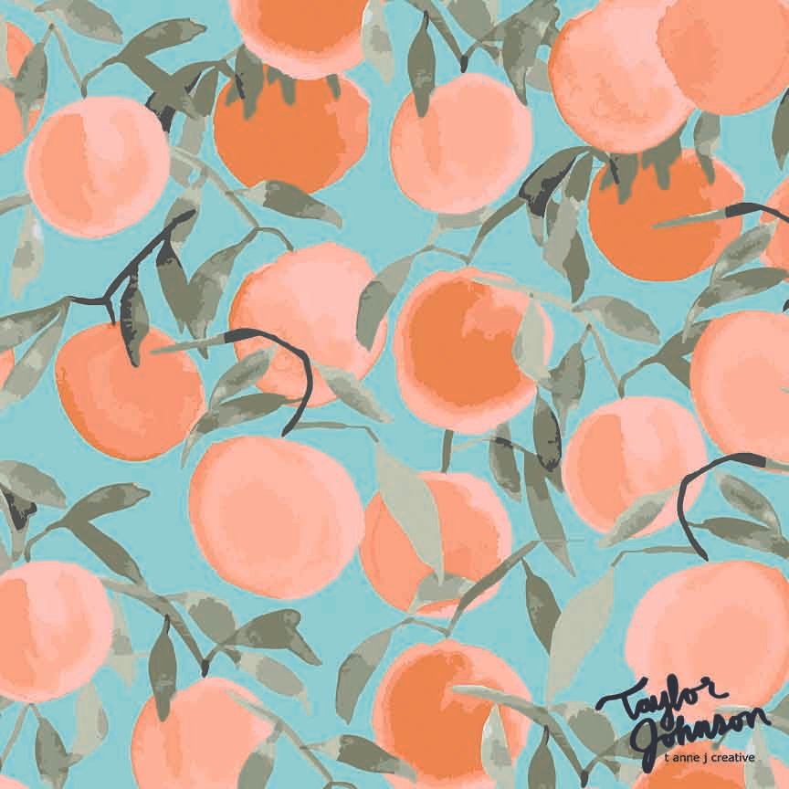 Pattern of orange peaches on branches with green leaves against a light blue background.